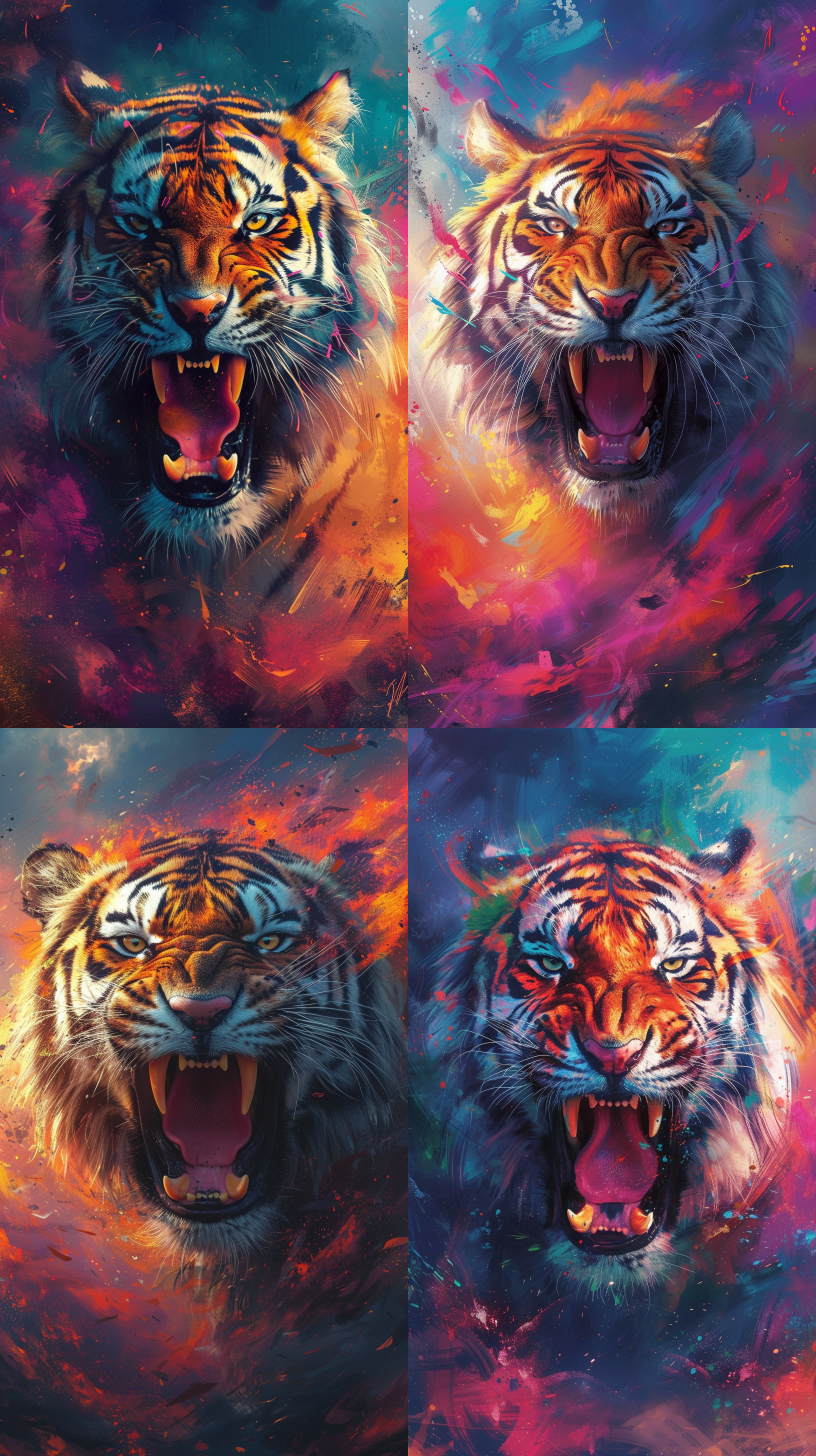 东北虎仰天嘶吼，背景宏大，色彩艳丽，海报风格，瞬间捕捉，威猛，激情四溢