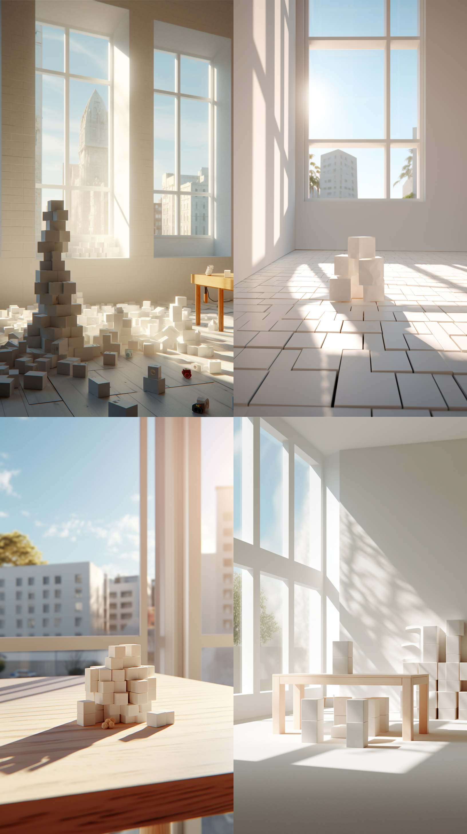 白色的桌子上，放着一块白色长方形积木，旁边是窗户，阳光透过窗户洒到积木上广角镜头，高分辨率4k，复杂细节，超级细节，高品质，c4d+oc渲染器+材质+光照+渲染风格。 