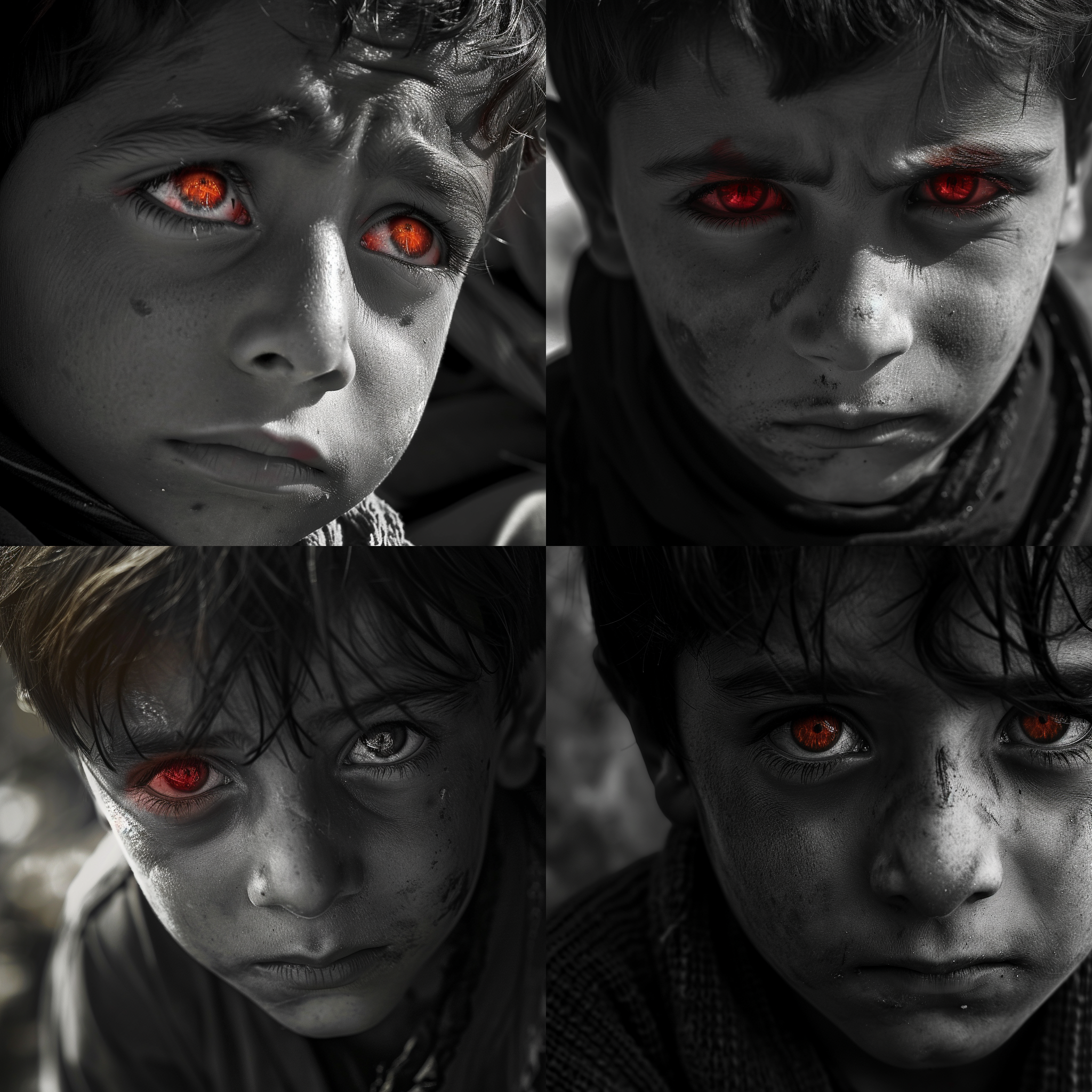 6岁中东男孩脸部特写，战争恐惧，无助，悲伤，含泪眼神，伦勃朗光，废墟背景，清真寺，电影构图，黑白摄影，红色突出，细节凸显，情感表达。