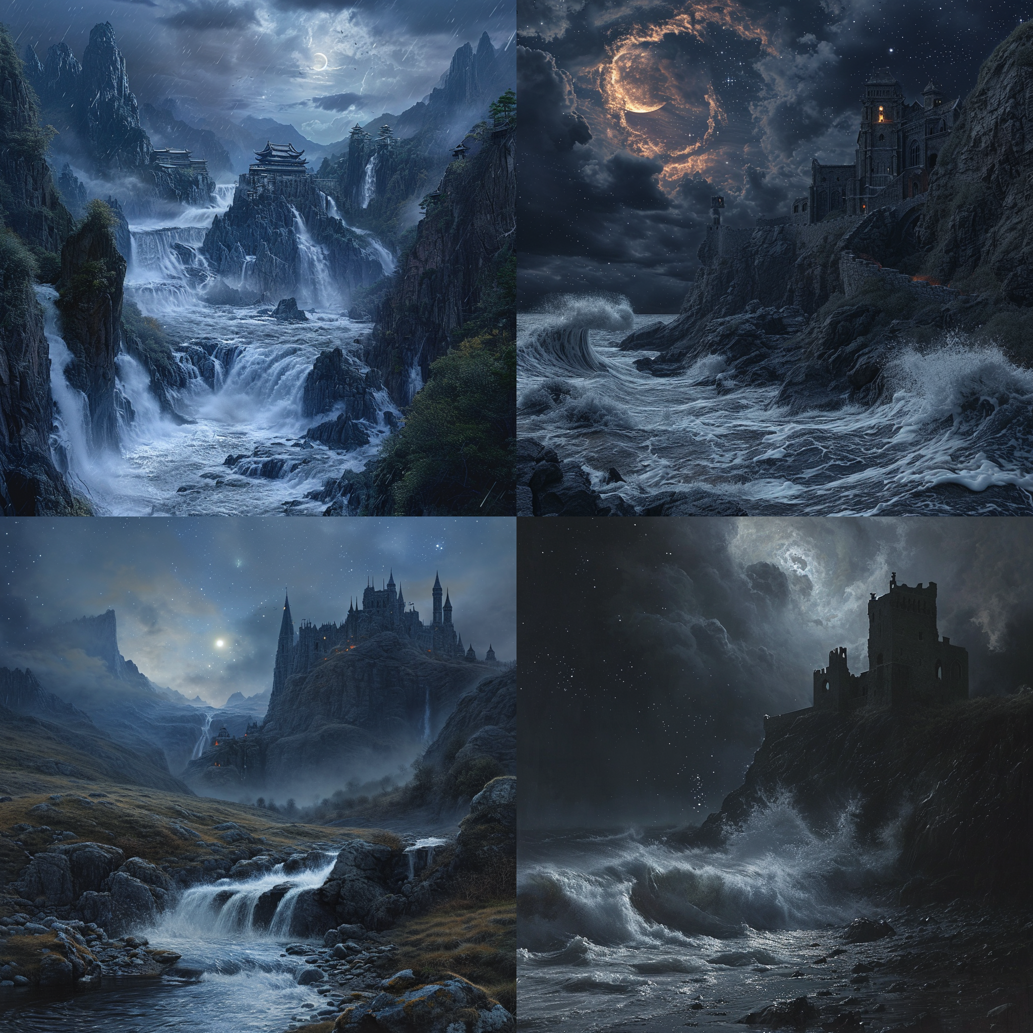 真实的摄影风景画，无与伦比的真实感，广阔的视野，中国龙，巨浪，星空，宁静的风景，城堡，夜晚，童话故事，体积光照，zbrush中心，lee madgwick，artstation