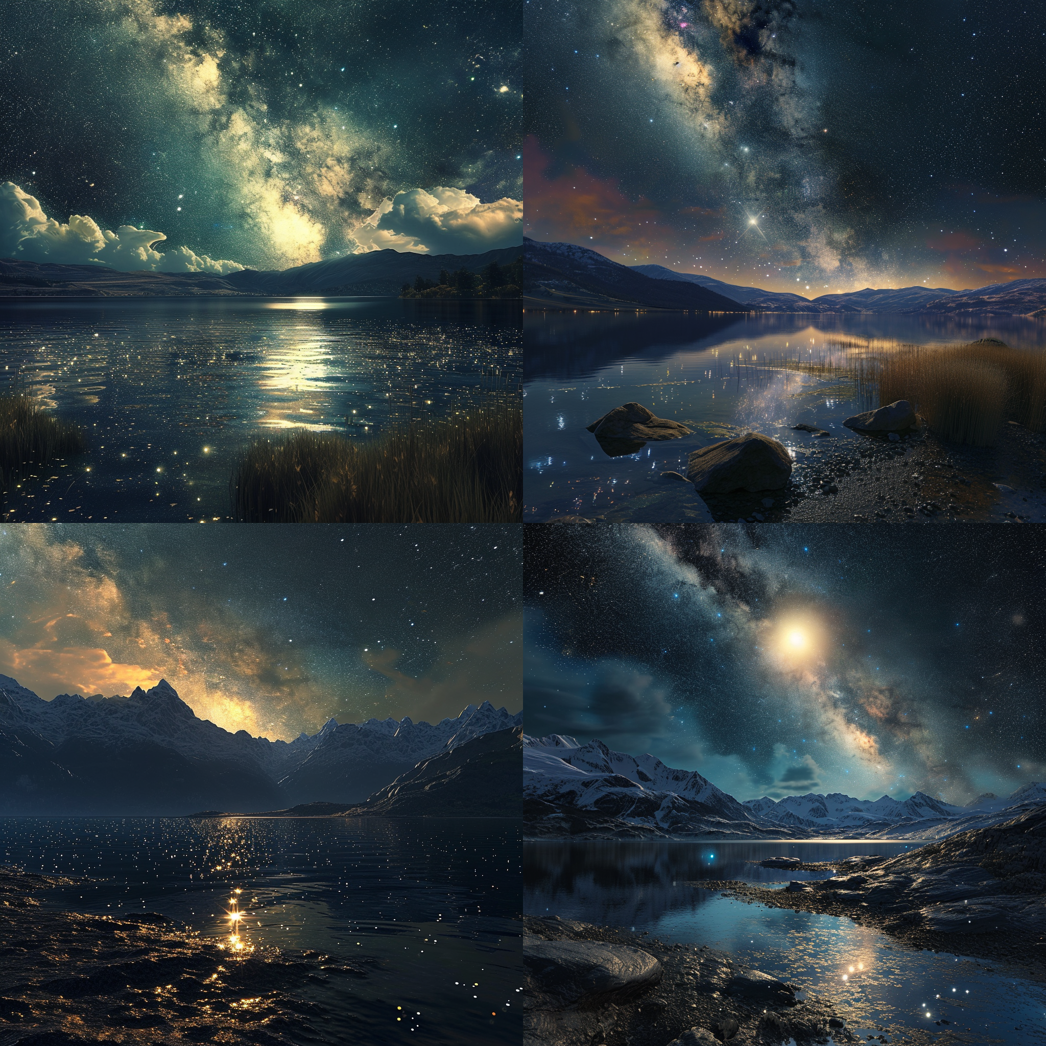 夜晚，星光照耀在丝绸湖上，金色极光，灵光四溢，满月当空，繁星闪烁，湖面宽阔，星空璀璨，银河浩渺，michael james smith的哑光绘画，cg渲染，体积光，太空艺术，生物发光，幻觉引擎5，超广角，高清晰度，8k高清，8k高清。