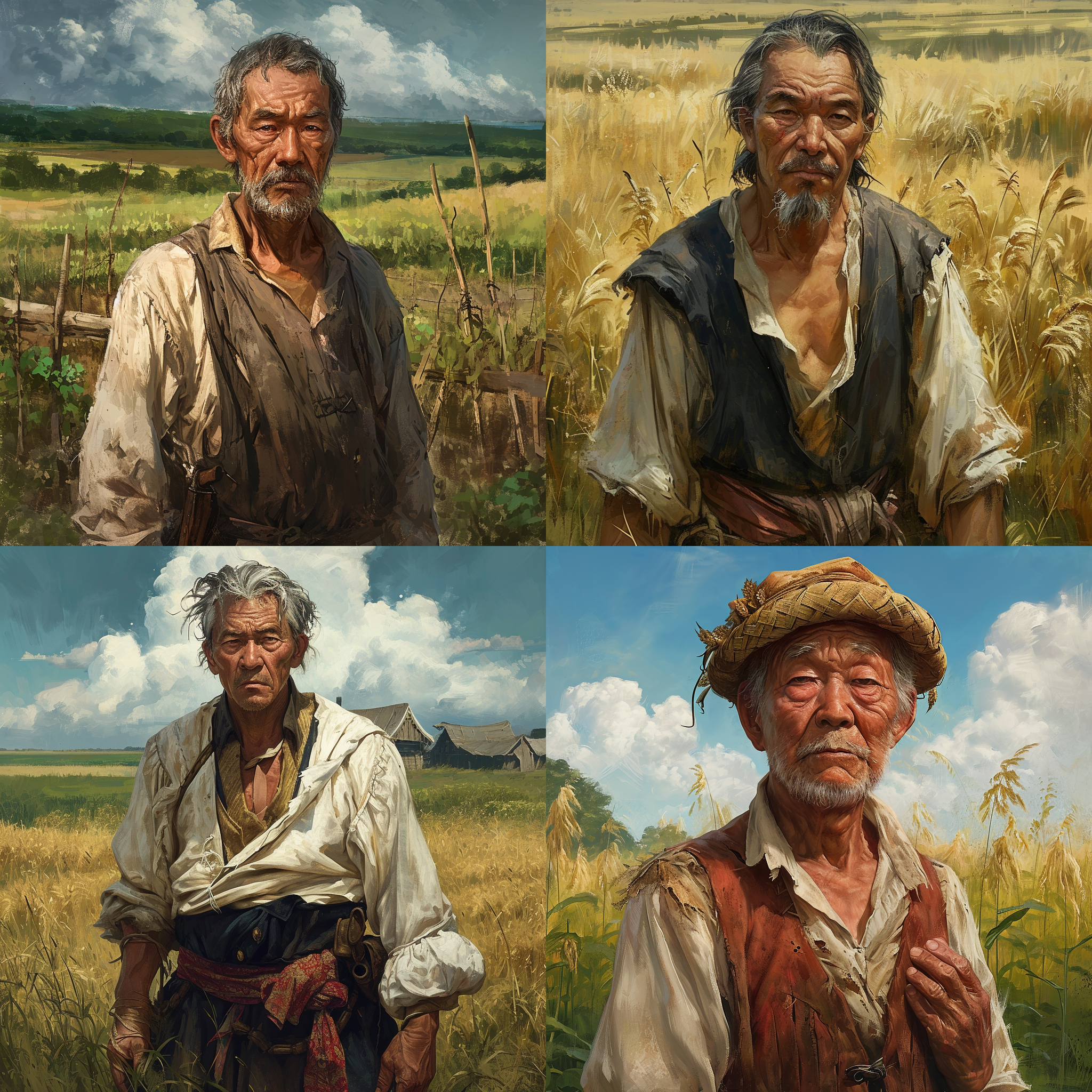 农田中的中世纪男性农民，亚洲长者面容，衣衫褴褛，专注表情，晒黑的皮肤，富有感情的眼神，动态姿势，阿方斯·穆哈，汤姆·巴格肖风格，artgerm绘制，krenz cushart数字绘画，高度细节化，新艺术风格，3:2宽高比，无手，测试，创意。