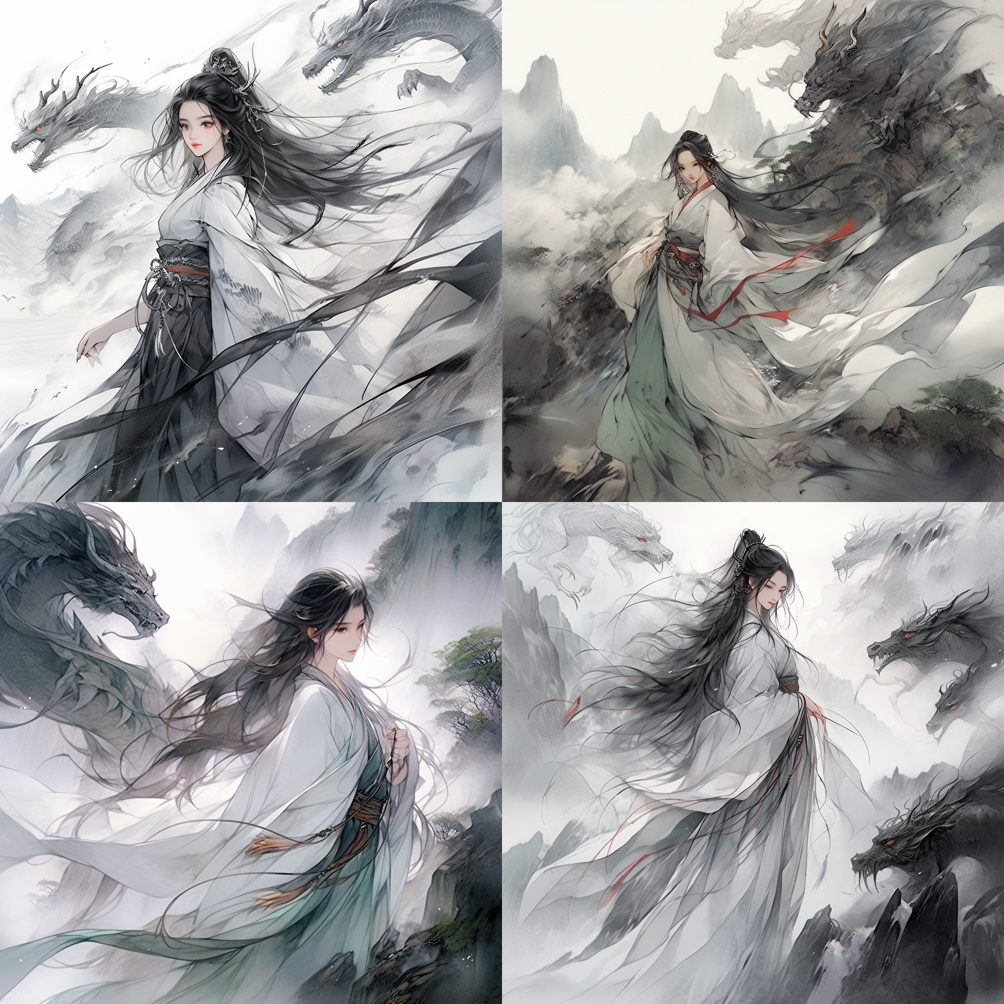 龙族少女中国风，动漫风格。角色站在古老的山谷中，背景是壮丽的山脉和流水。她身穿华丽的传统服装，长发随风飘动。照片采用水墨画效果和细腻的线条描绘，配以柔和的色调，展现出神秘而优雅的氛围。