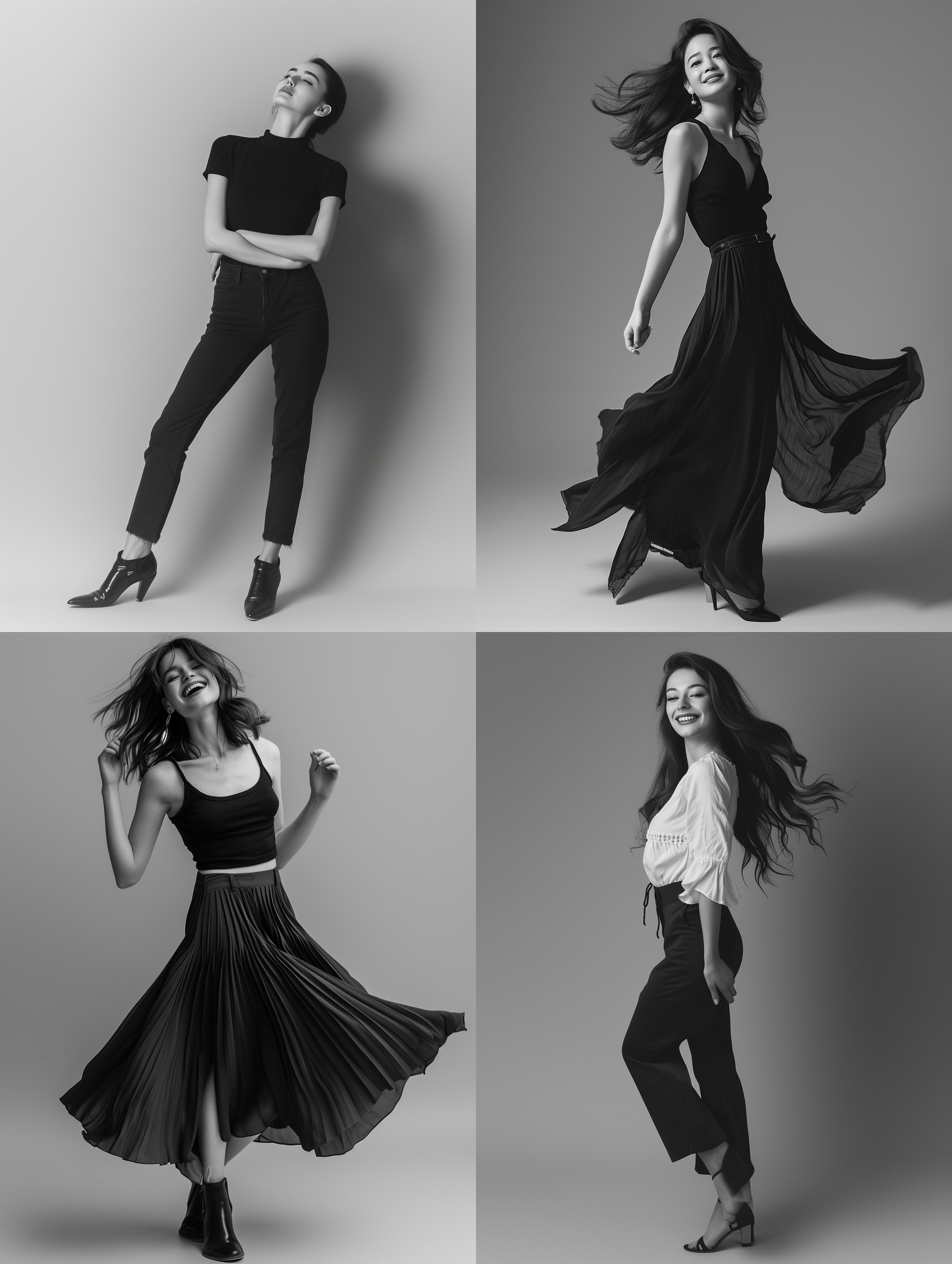 美女全身照，纯灰色背景，简洁明快，高清细节，柔和光线，模特微笑，优雅动作，黑白效果，时尚风格，自信，大方。