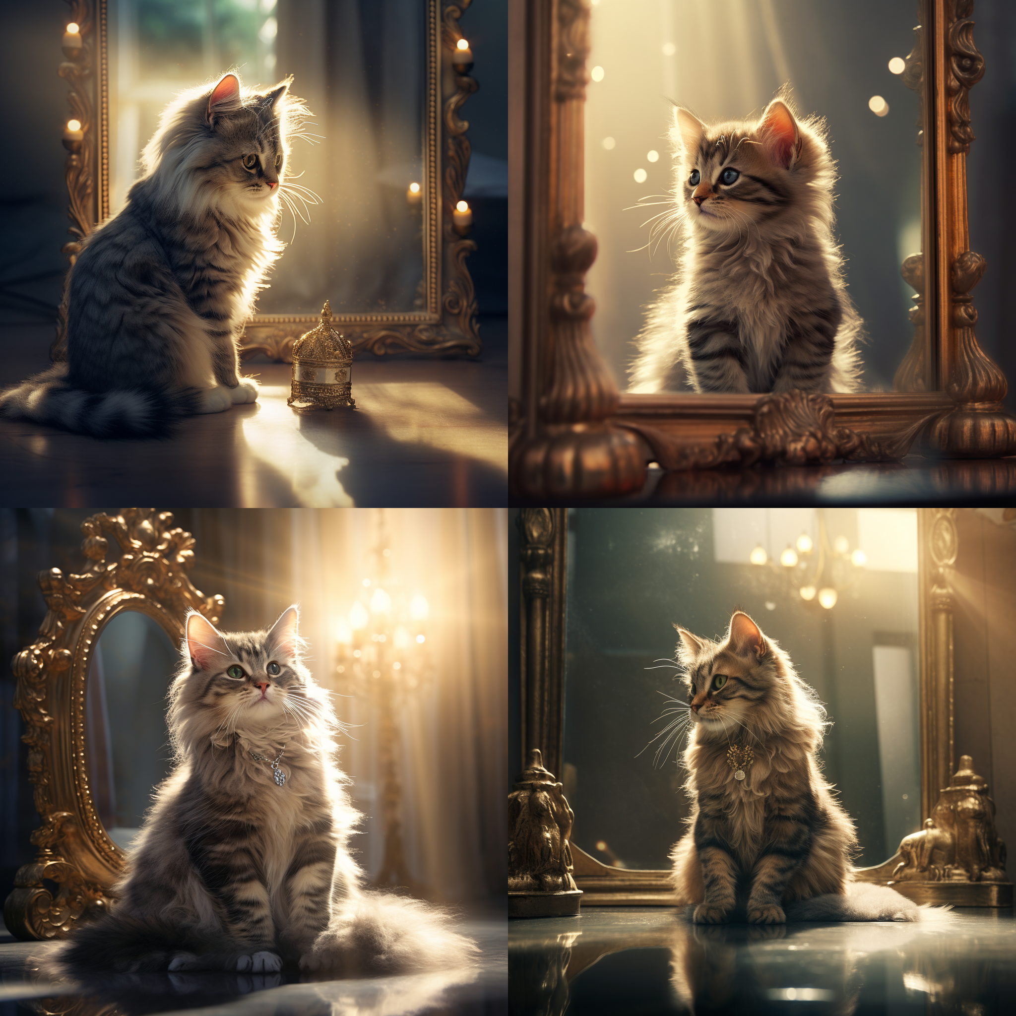 照片中拍摄了一只可爱的小猫戴着王冠，正在镜子前面看着自己。构图采用对角线布局，环境明亮，有镜子和纯净的玩耍感觉。风格上采用了电影般的效果，透过阳光射线和斑驳的阴影，营造出生物发光的氛围。照片呈现出逼真的概念艺术，细节精致，3d角色设计，分辨率为8k，长宽比为13:16。