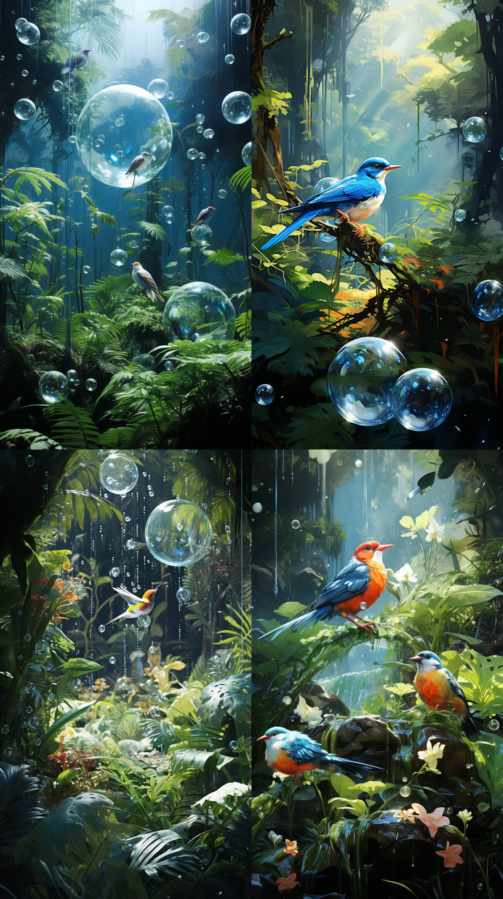 地面上有一处空地：：1，飞鸟， 还有蓝白相间的气泡和植物景观，数字渲染，环境艺术，搅拌机，艾伦·萨瑟兰 热带雨林 超现实主义
