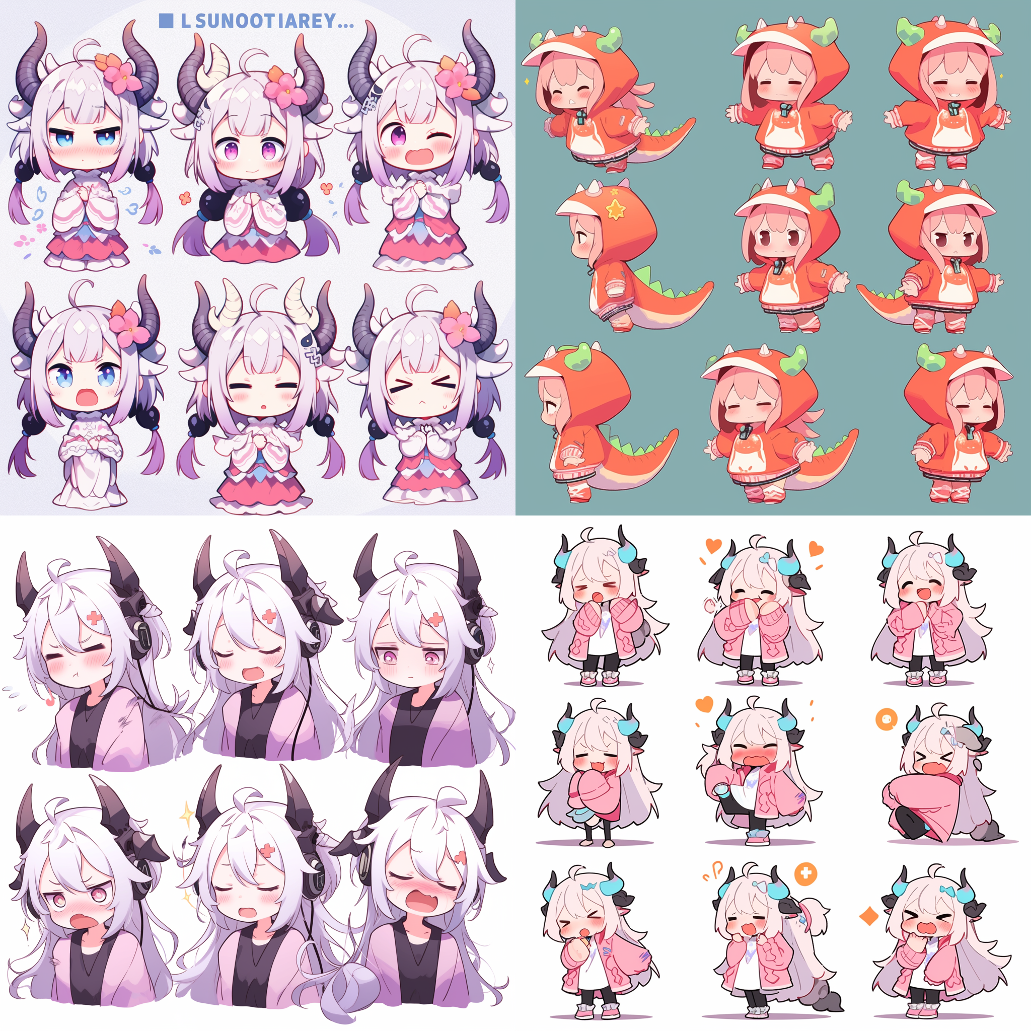 一个可爱的qversion卡通小女孩形象，穿着有龙角龙尾，全身，表情包，独立的ui设计应用图标u界面新，情感，可爱，活泼，害羞，多种姿势和表情的多功能模拟- ar