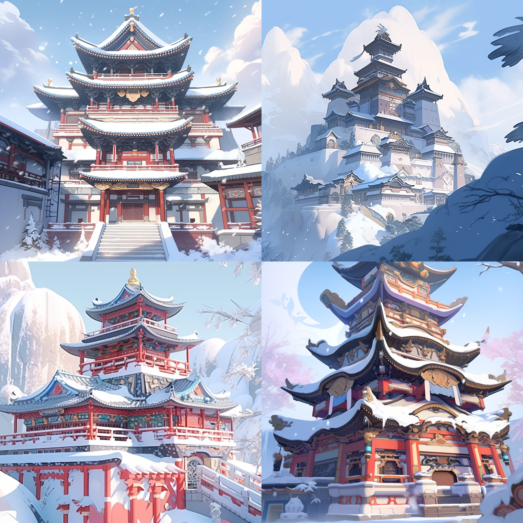 雪雕古建筑宫殿，辉煌大气，坐落于雪山上，近景