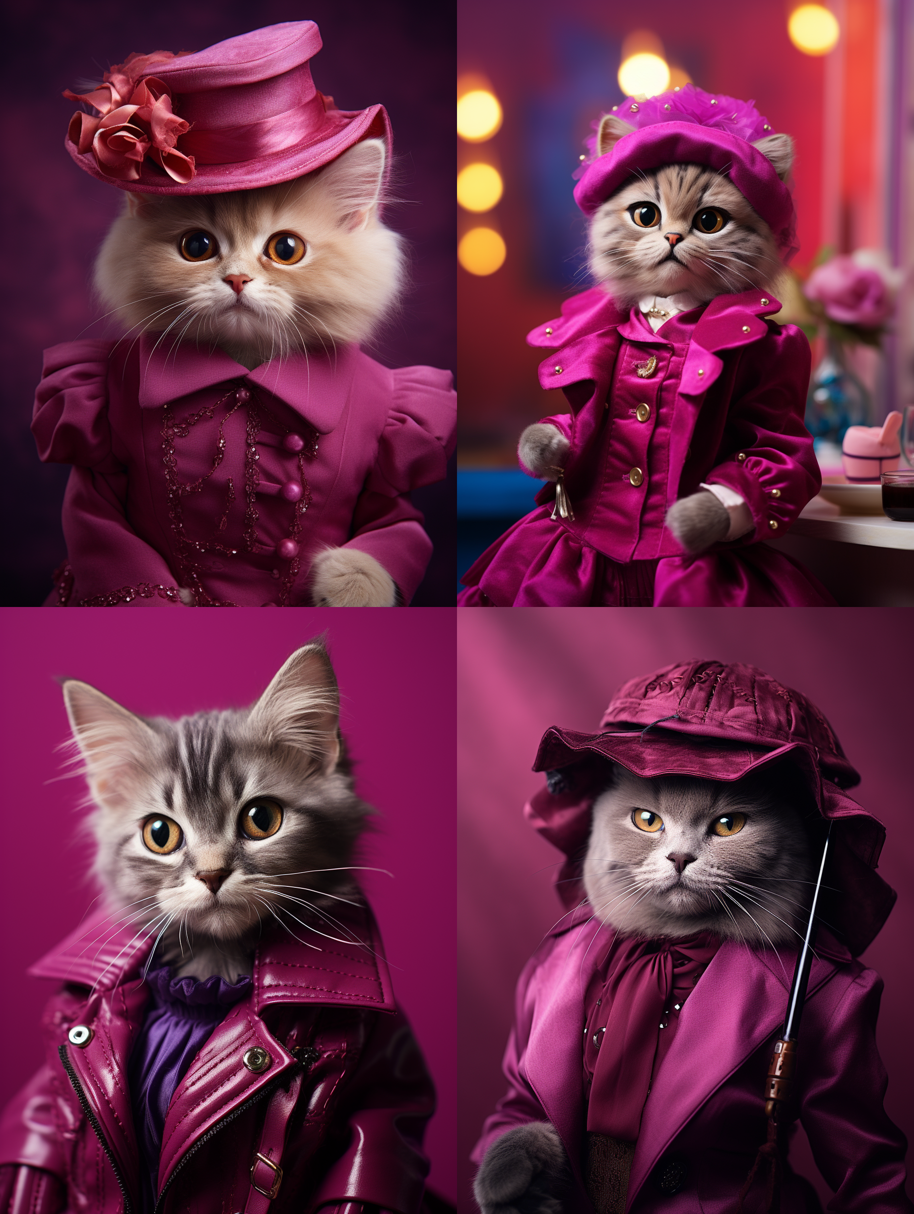 染色肖像照片，描绘了一只20多岁的人形可爱的布娃娃猫，穿着时尚高级定制聚会服装，颜色为浆果色，衣物有高分辨率纹理和细节。拍摄地点位于明亮的摄影棚，背景鲜艳。使用dslr相机和50mm镜头。时尚感十足，展现出个性与品味。