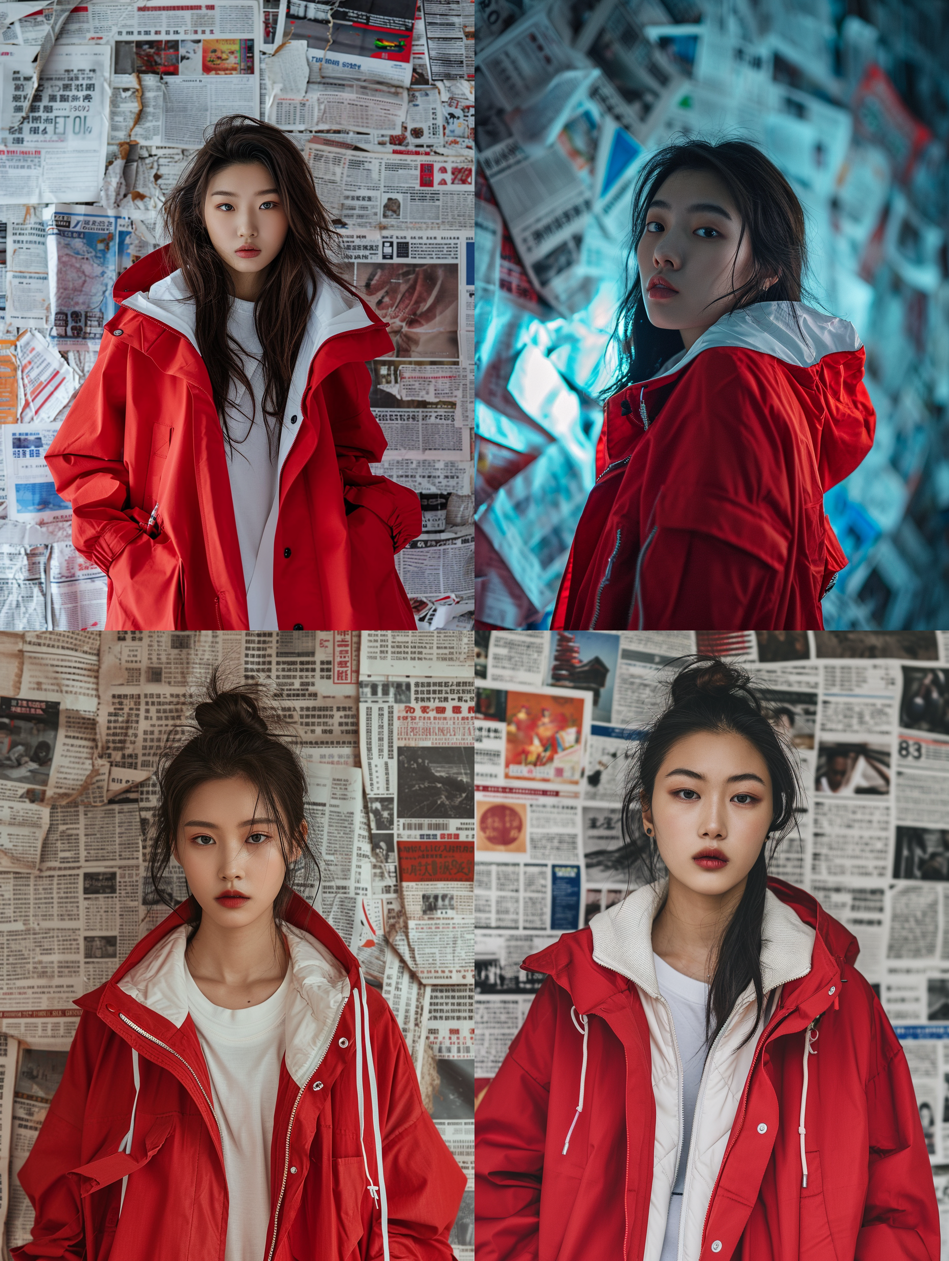 中国成年女性，美女，有力量，有野性，有派头，穿着红色风衣，白色的内衬，背景是贴满报纸的墙壁，高品质，8k