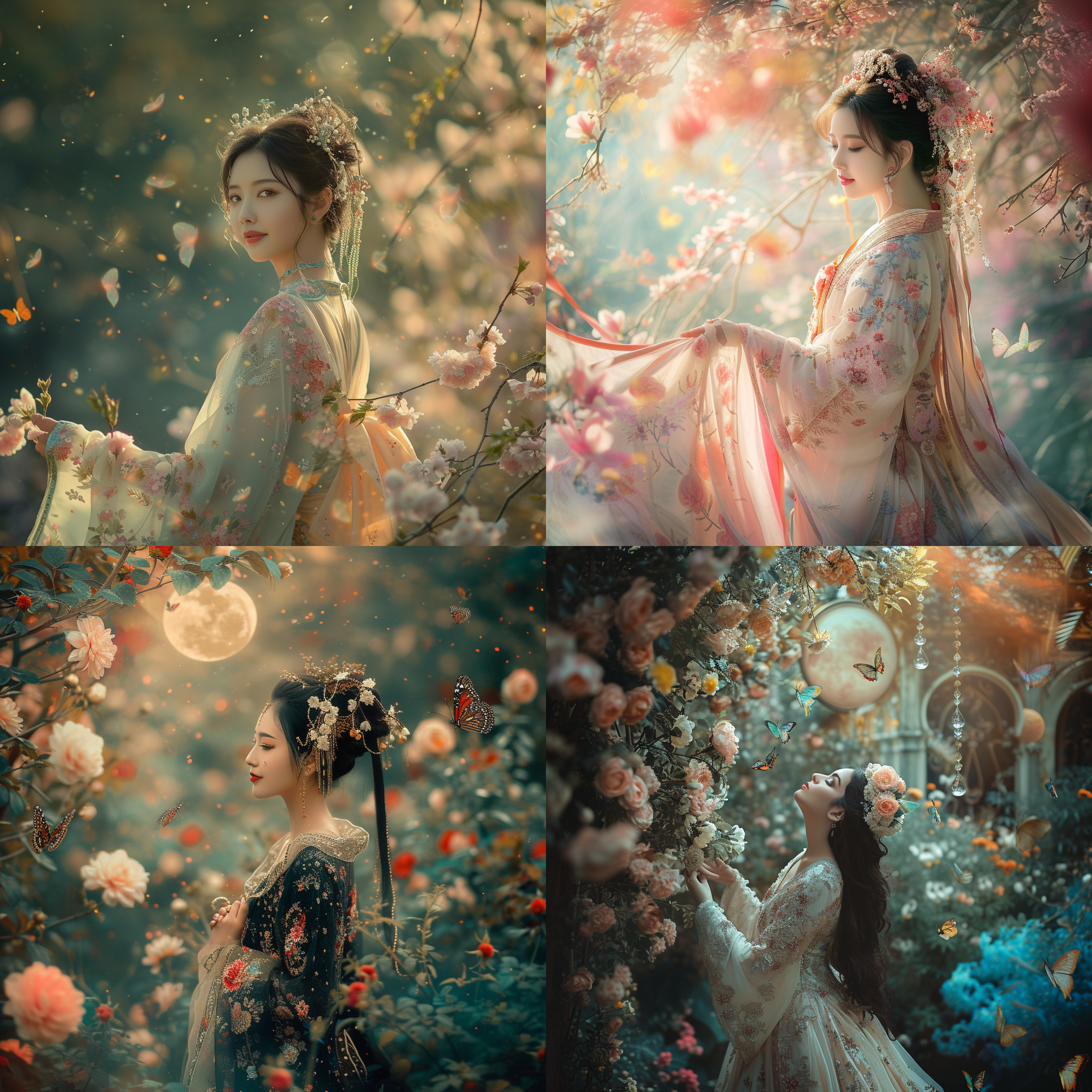 闭月羞花，沉鱼落雁。一位美丽的女性身着华丽的服装，站在宫殿的花园中。镜头使用长焦距，突出她的优雅和柔美，背景是绚丽多彩的花朵和翩翩起舞的蝴蝶。光线柔和而温暖，呈现出梦幻般的氛围。女性微笑着，散发出自信和高贵的气质。优雅，精致，浪漫，自信，高贵，花园，华丽，柔美，梦幻，色彩缤纷。