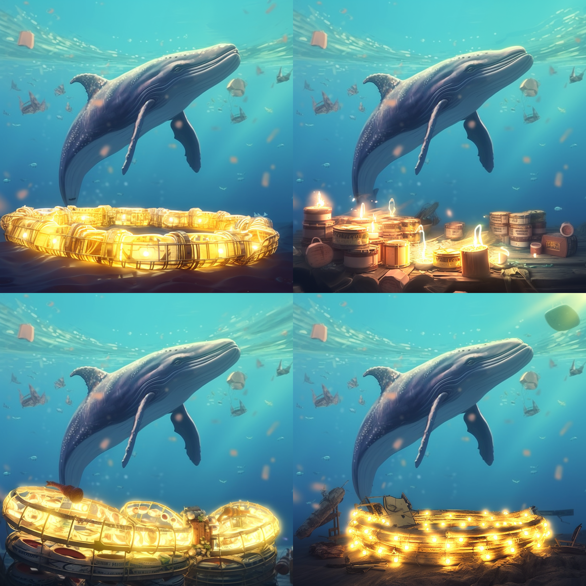 垃圾漂浮天空，鲸鱼微笑下落。虚实结合，8k画质，艺术家风格，冷色调，广角镜头，光束照射，细节丰富，科幻风格，活力，希望。