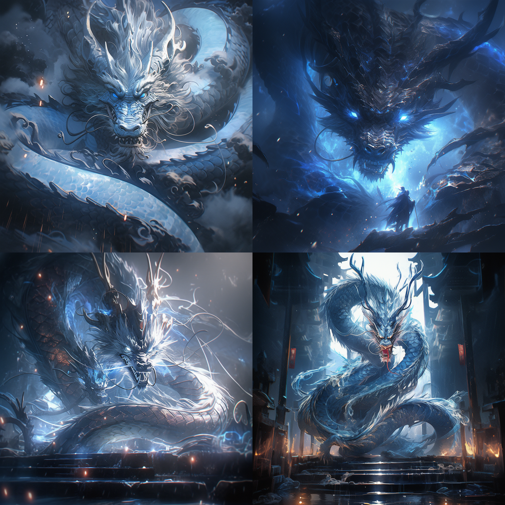 中国龙，巨型，大场景，特写镜头，电影灯光，c4d渲染，超高分辨率，精细细节，32k，龙栩栩如生，气势磅礴，雄壮，神秘，黑色主调，青色华丽，动感。