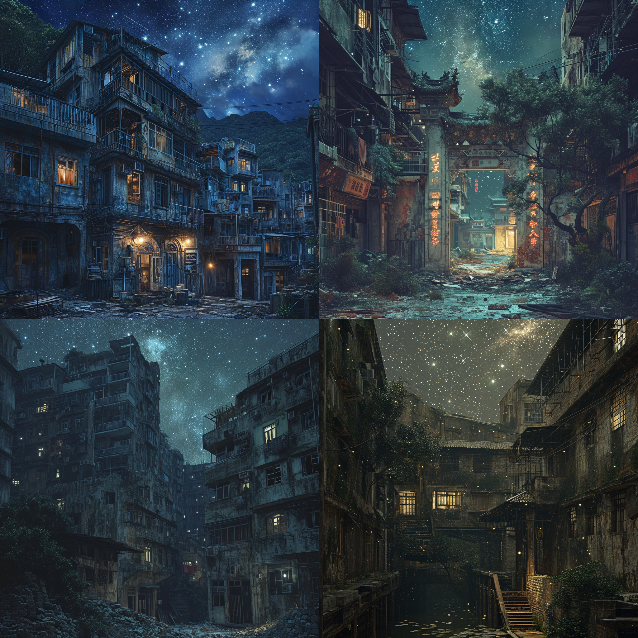 摄影风景画，夜晚时分，废墟中的香港，繁星点缀，真实感无与伦比，使用虚幻引擎和octane渲染器，大气磅礴，光影交错，破败与美丽并存，令人陶醉。