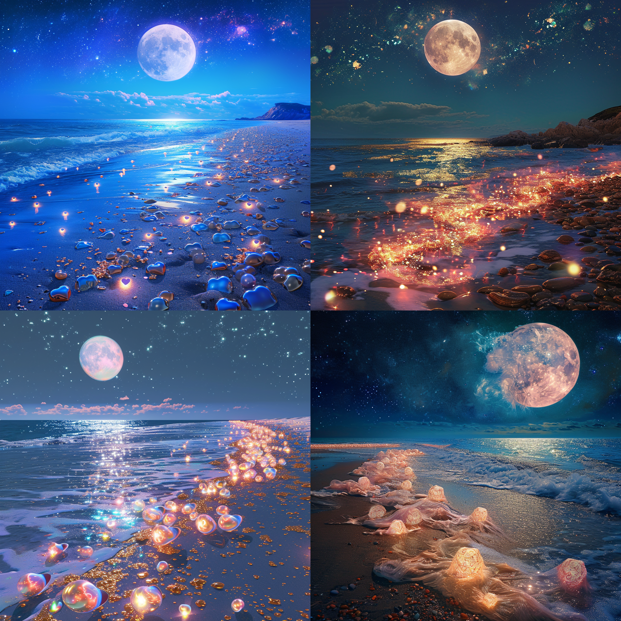 超级满月悬挂在天空中，蓝色的海洋，闪耀的金色沙滩，银河闪耀玫瑰色，沙滩上有许多发光的生物，沙滩呈爱心形状，卵石，发光生物，荧光，发光珠子，黄金，色彩，梦幻，超广角光线虚幻引擎，8k，八角渲染，逼真而复杂的细节，超广角视角，全景拍摄，8k，高清-宽高比9:16