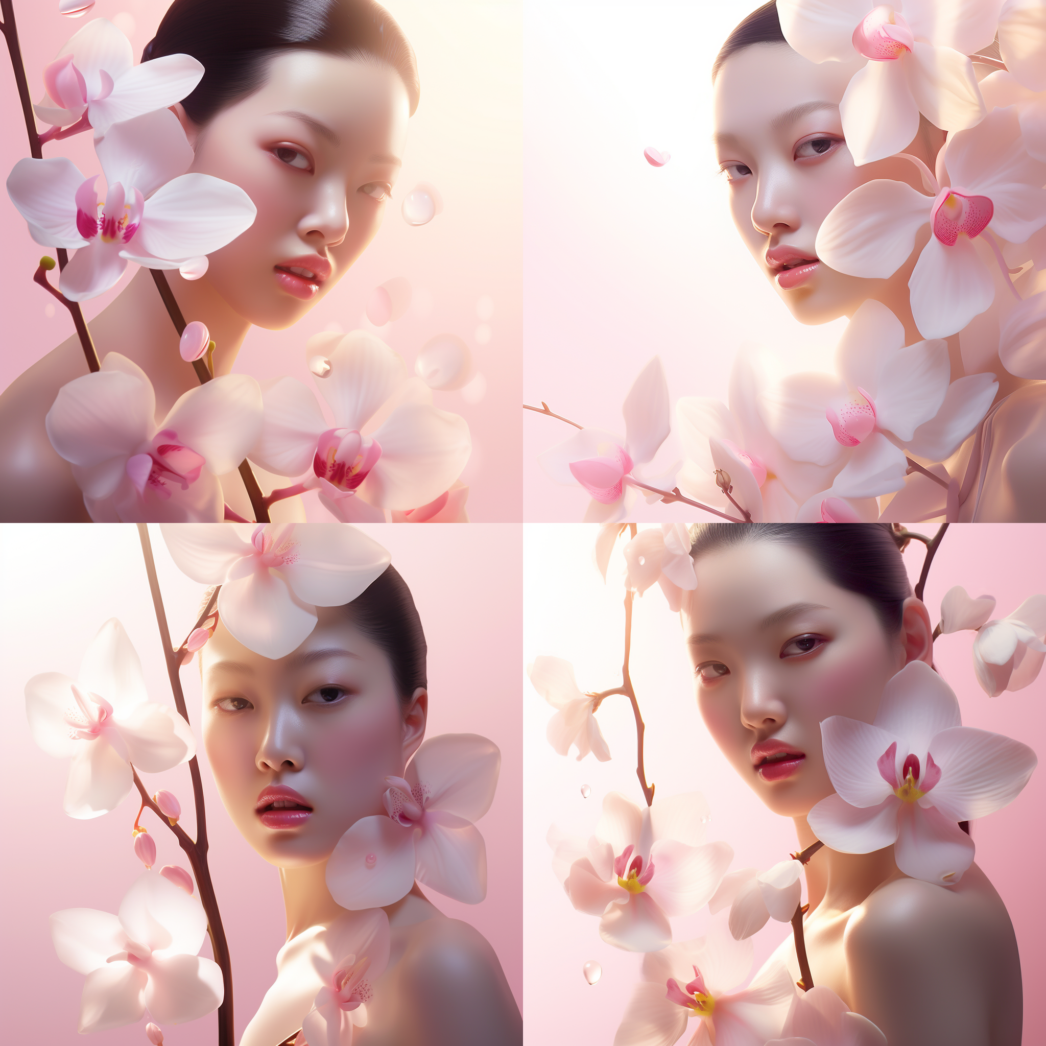 粉色背景，嫩粉花朵环绕，浪漫温柔，清新柔和，花瓣细腻，透明感，自然光线，静态，放松，愉悦。