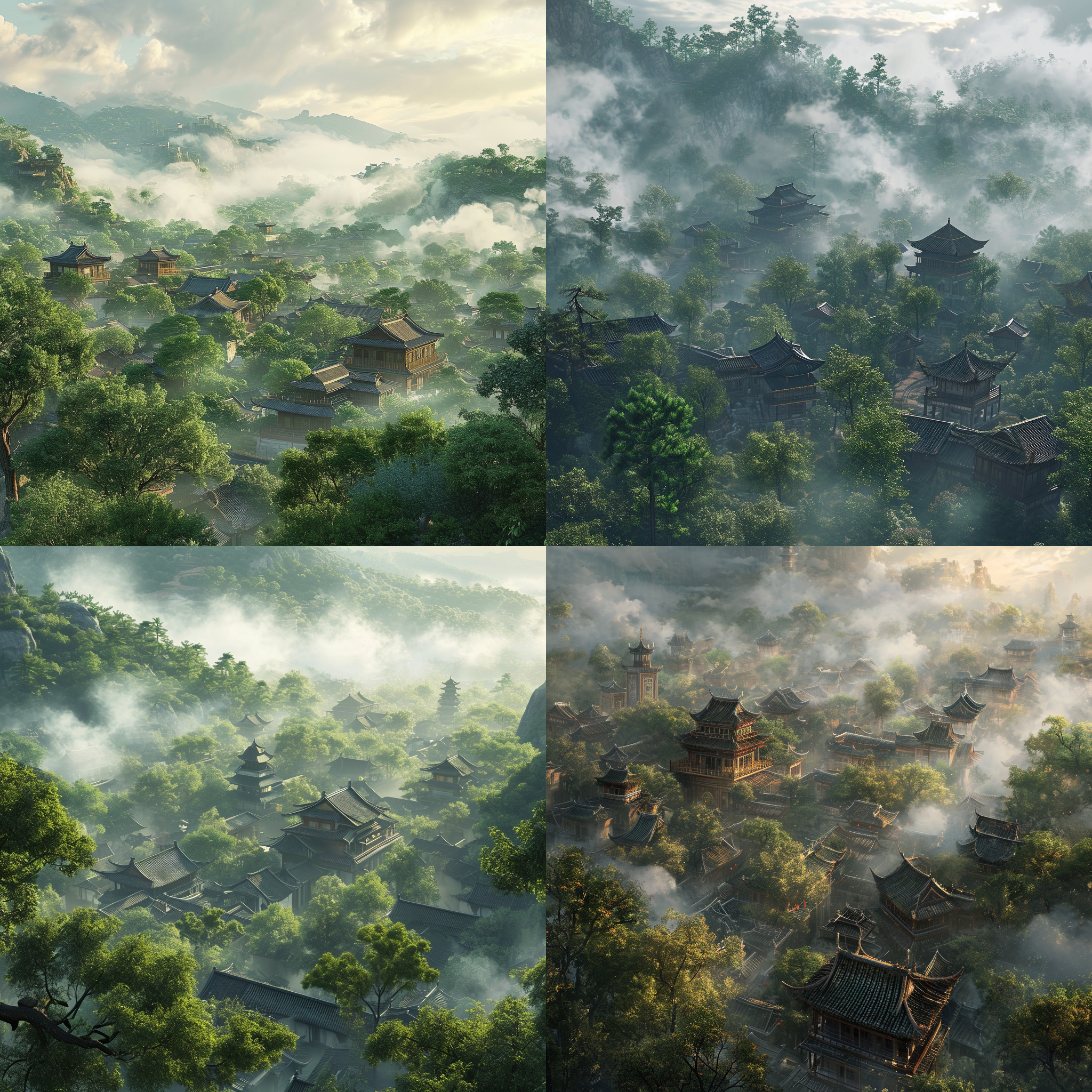 中国古代的超逼真cg渲染图，古老的房屋，绿树成荫，云彩缭绕，艺术站热门作品，9:16的纵向画面比例，100%真实还原。
