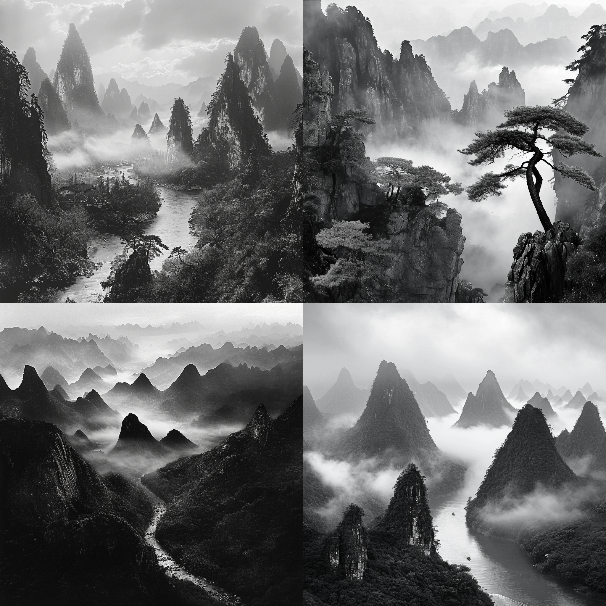 真实的摄影风景画，精细的黑白照片，广阔的视野，山水之间，巍峨的山峰耸立，江河蜿蜒流淌，构成了壮丽的中国风景。高清晰度，宁静的风景，细节丰富，纵深感，梦幻般的视觉冲击。广角镜头，自然光，自然动作，平衡构图，恢弘的景象，宏伟的山脉。