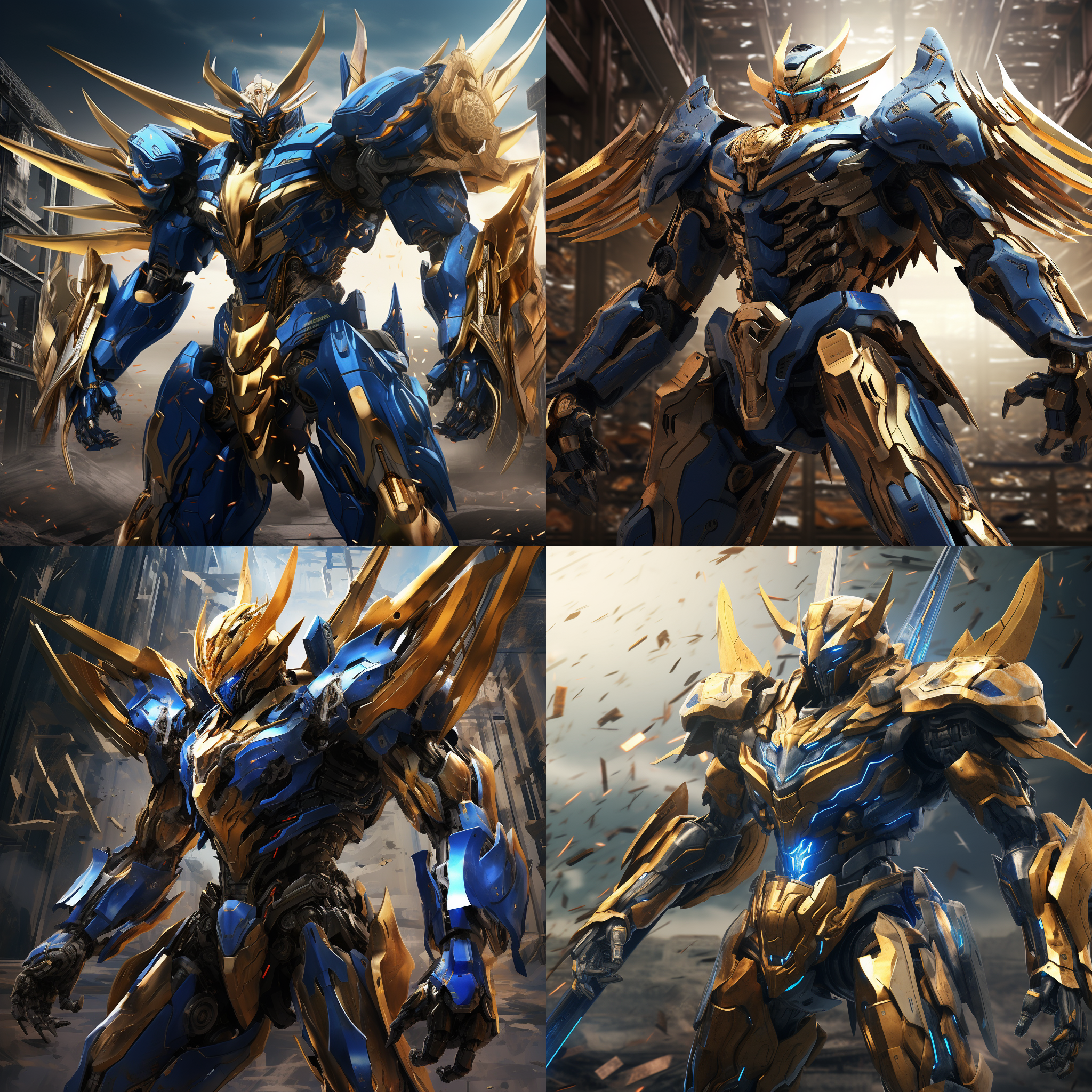 海报背景，高达风格，龙战甲为主体，机械纹理，整体展示，蓝色和金色为主，未来战争背景，透视构图，广角镜头，动感十足，战斗动作，3d，力量感。