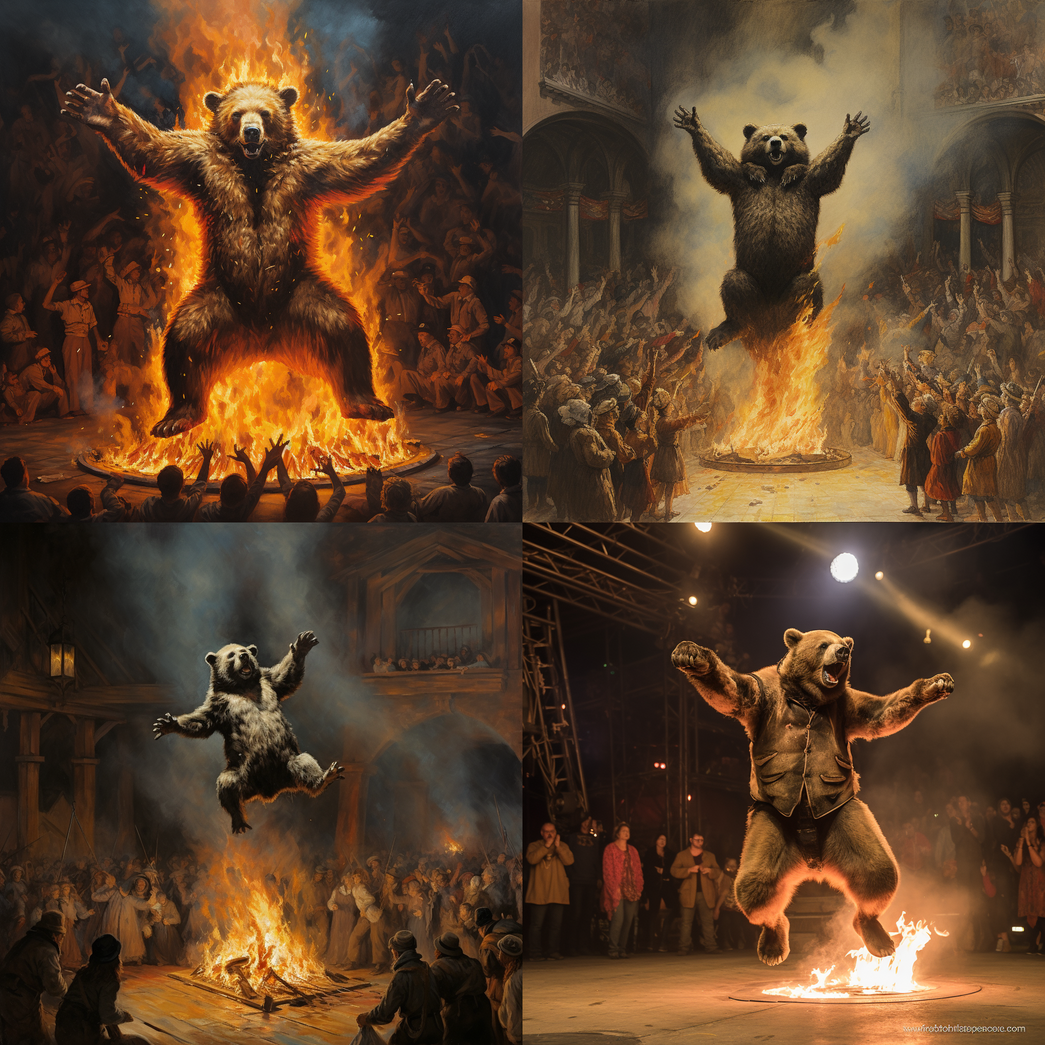 杂技表演，狗熊穿过火圈，瞪大眼睛张大嘴，观众欢呼