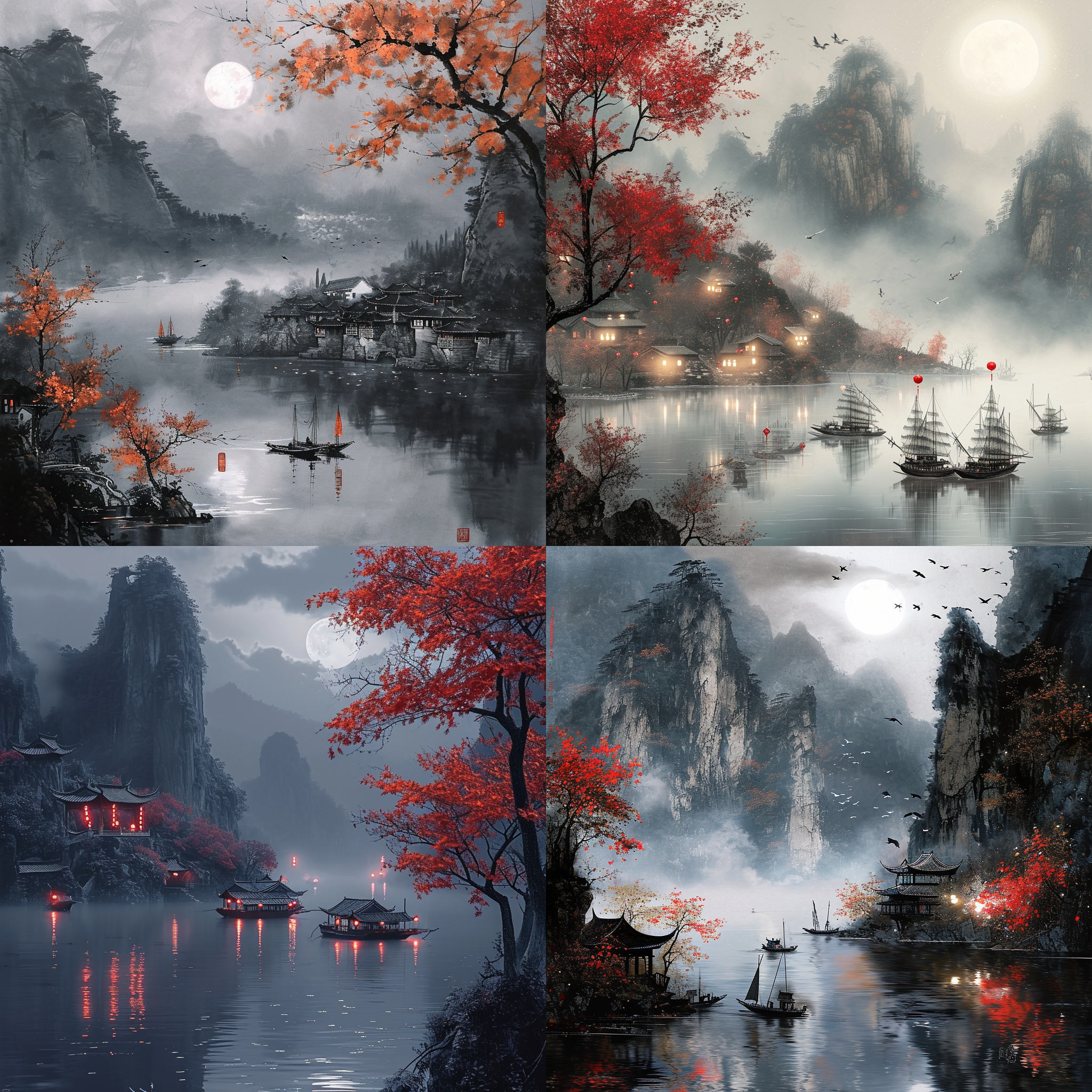 摄影风格，明暗对比强烈。月光下，江水朦胧，河岸上有几棵红叶的枫树，几只渔船上散落着灯光，山上古庙原汁原味的灯光，中国风，水墨画，高清，9:16宽高比。