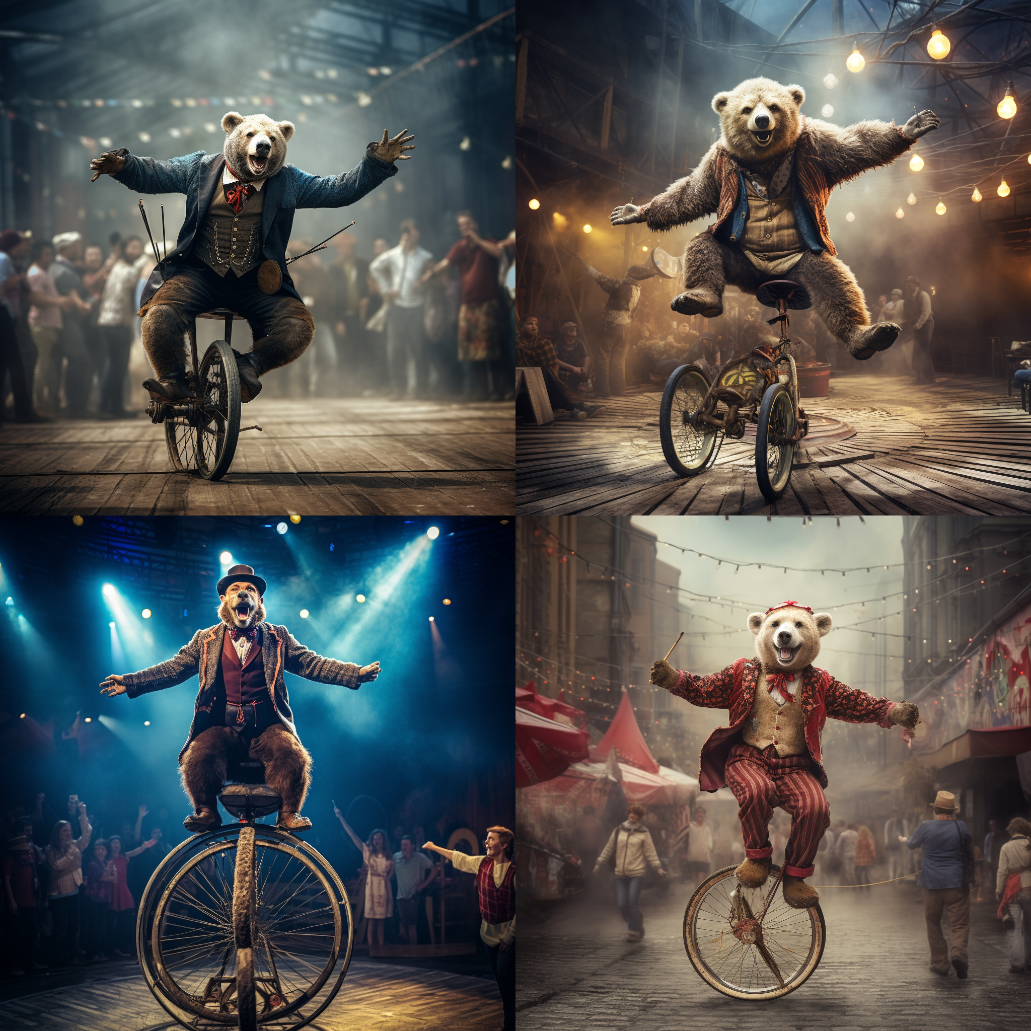 杂技表演，狗熊起单轱轮自行车，在钢丝上行走，表情微笑，大场景，中焦镜头，观众欢呼