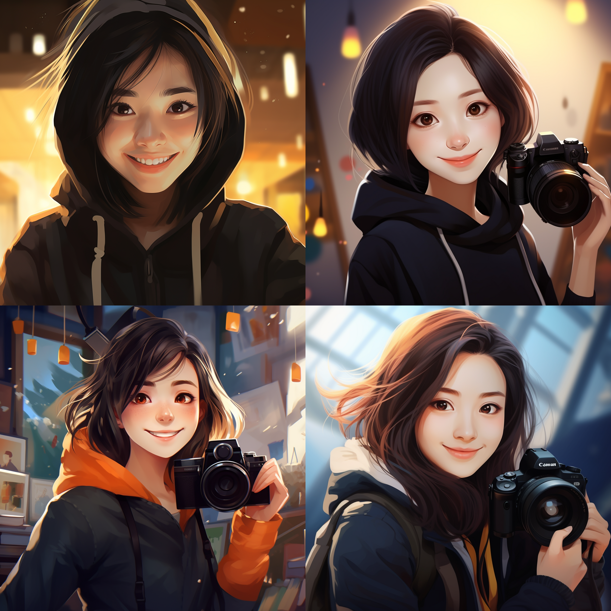 卡通背景，中国成年女性，笑容灿烂，圆脸，黑色毛衣远景，大光圈，长焦镜头，自然光，轻松愉快，欢快