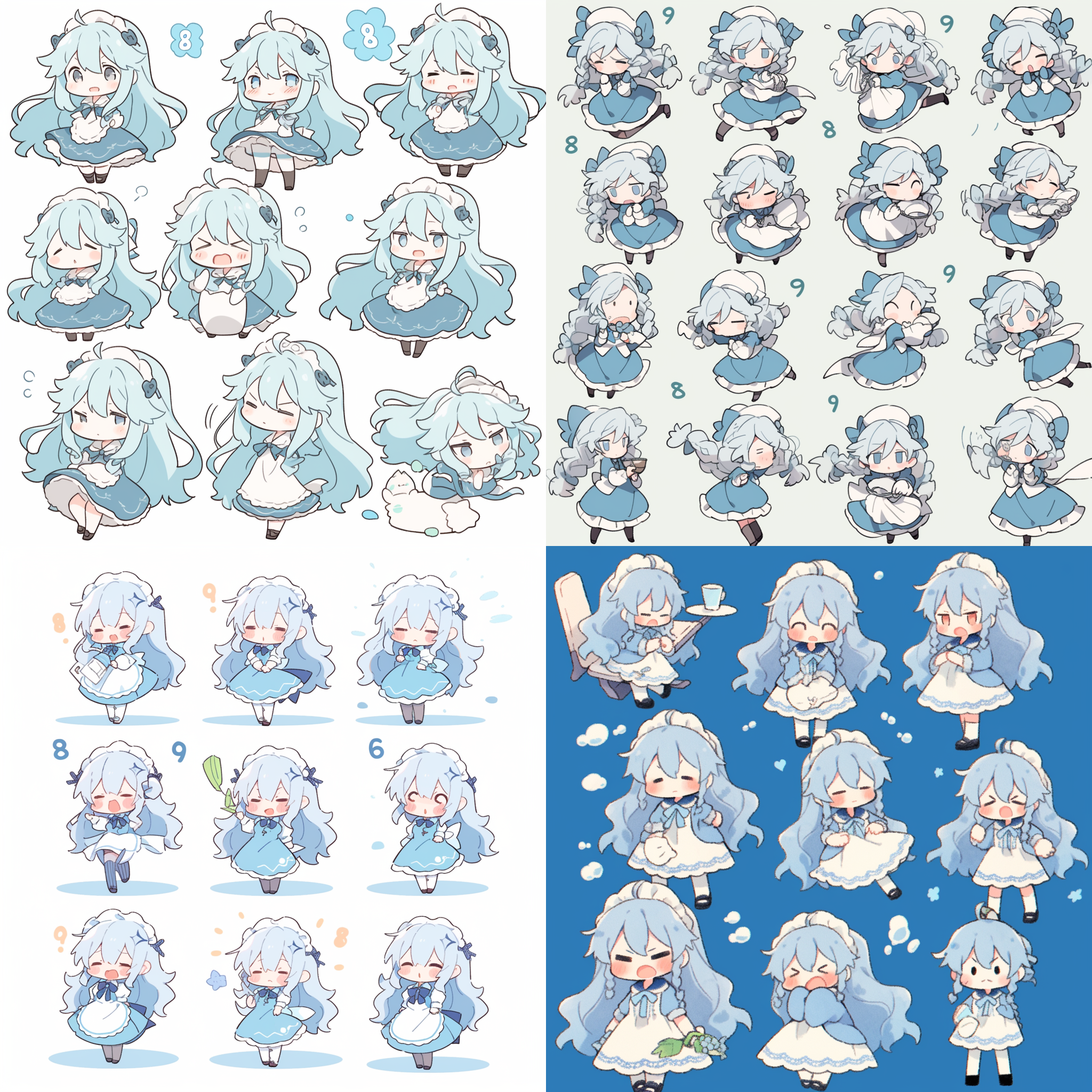 简笔画，贴纸，6张，女仆，冰蓝色，长发，full body，卡通风格，白色背景，8k