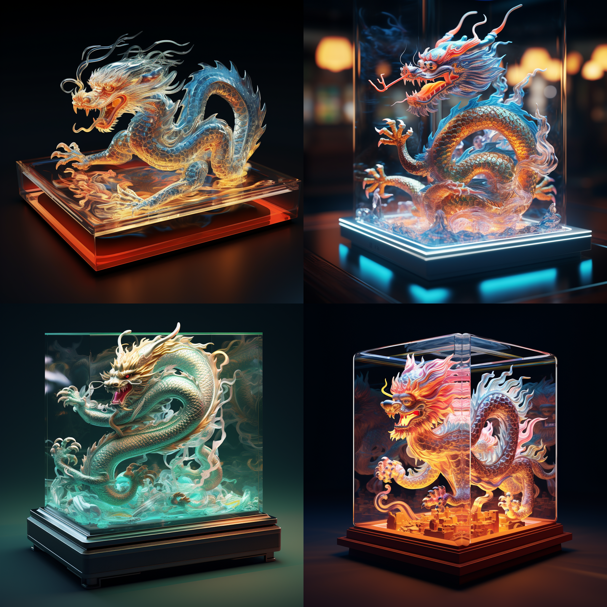 等距视图下，一个精致的中国龙以亚克力材质展现，呈现出玻璃质感。内部有一只栩栩如生的中国龙，通过c4d渲染和辛烷渲染技术，营造出独特的光影效果。整体构图丰富而立体感强烈，色彩鲜明，给人一种神秘而庄重的感觉。