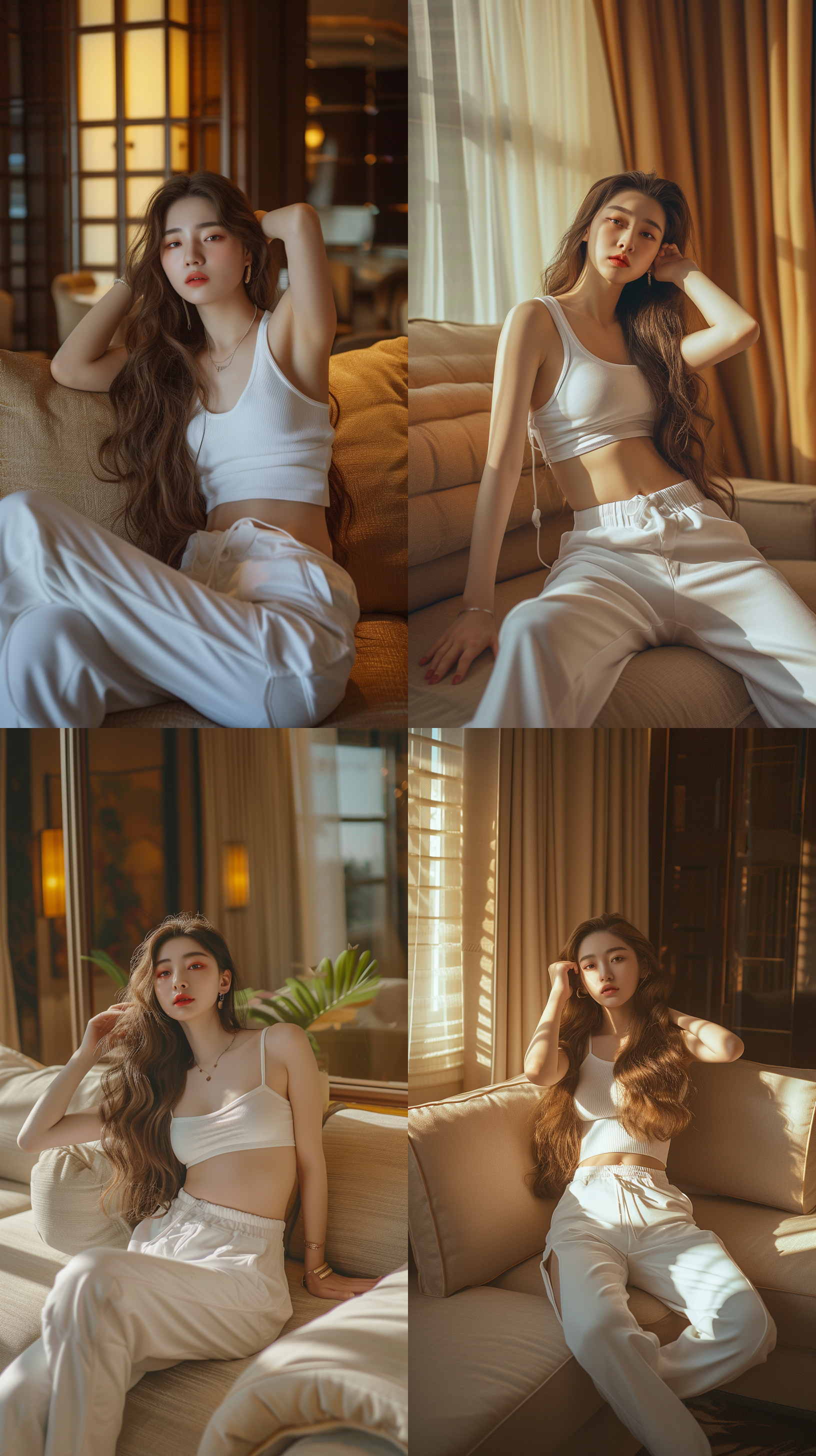室内情绪写真，酒店，穿白色运动装的中国女神，精致容貌，斜靠沙发，大波浪长发，气质，多细节，温馨背景，广角镜头，大师摄影，完美角度，4k,