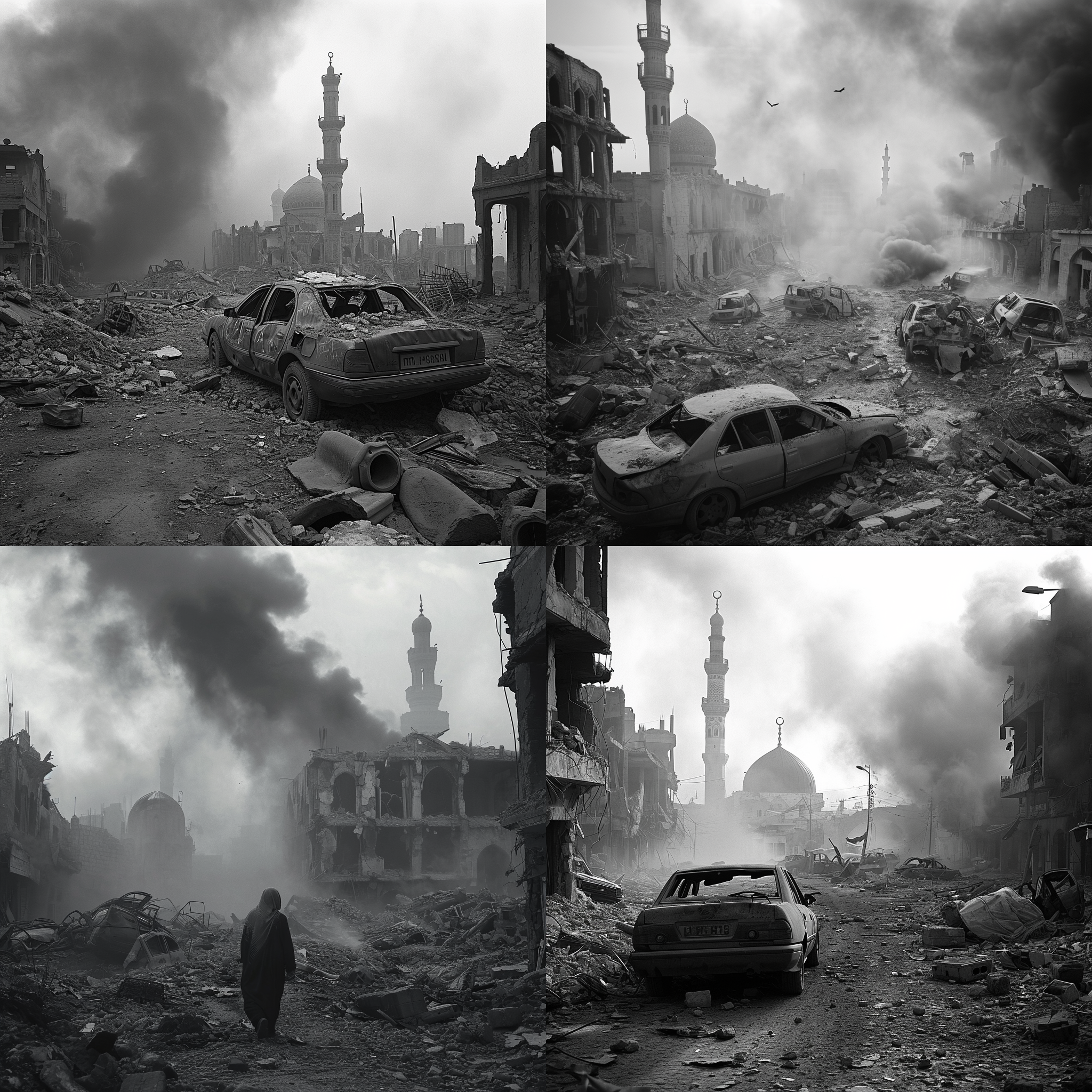 被摧毁的城市废墟，孤独眼神，泪水，清真寺废墟，炸毁汽车，浓烟背景，战争场景，底片风格，黑白摄影，广角镜头，朦胧光线，哀伤，无助。