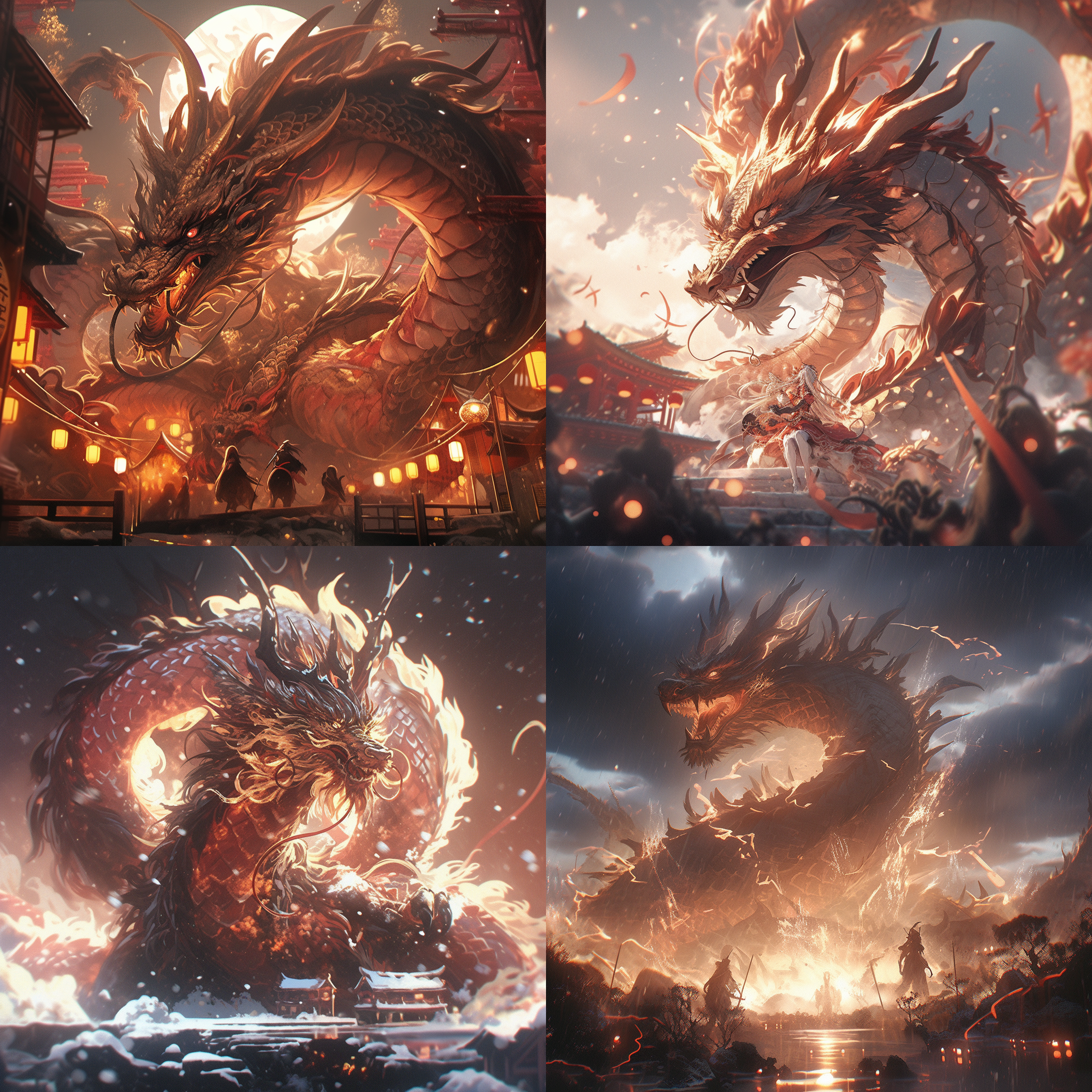 中国龙，巨型，大场景，特写镜头，电影灯光，c4d渲染，超高分辨率，精细细节，32k，龙栩栩如生，气势磅礴，雄壮，神秘，红色主调，金色华丽，动感