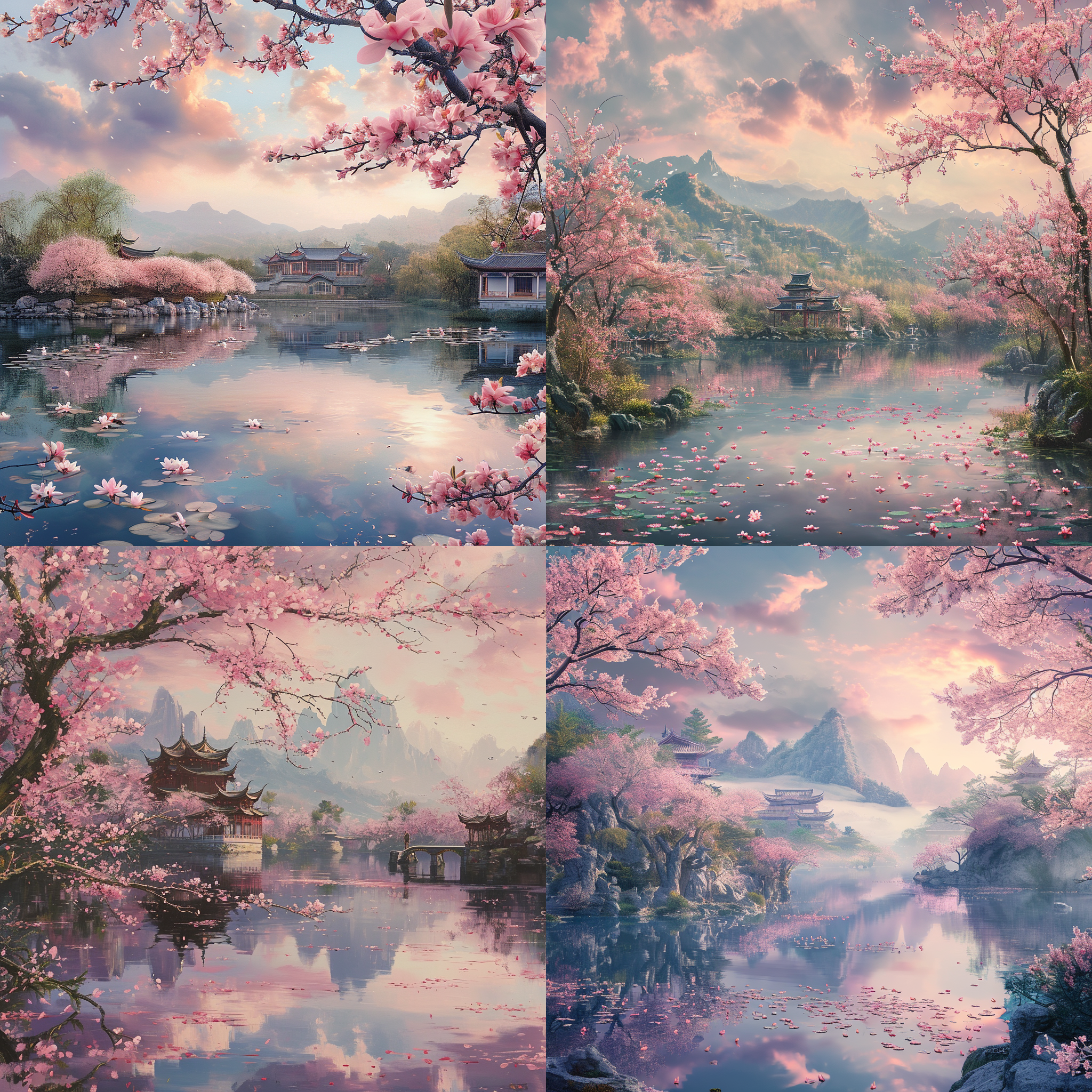 真实的摄影风景画，无与伦比的真实感，广阔的视野，一张张美丽的画描绘了中国宫殿的美景，无边无际的桃花池深达数千英尺，许多许多的桃树和桃花覆盖了整个晶莹剔透的湖泊，笼罩在云雾中，粉红色的云漂浮在天空，上面超宽的角度，托马斯金凯德，梦幻，4k，浪漫，artstation的趋势。