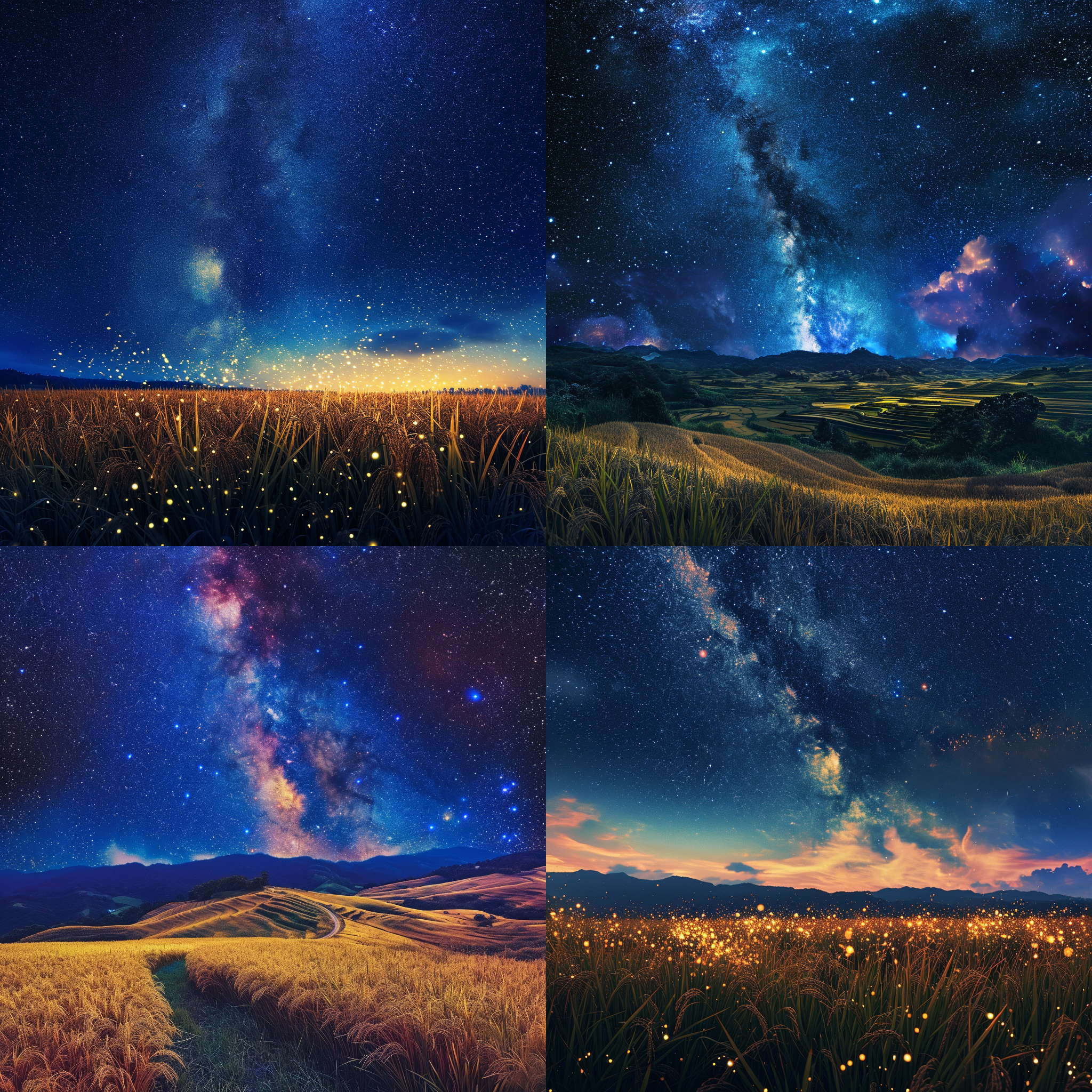 真实的摄影风景画，无与伦比的真实感，蓝色星空、金黄稻田、金黄稻穗，众多细小而丰富多彩的发光粒子，在银河的照耀下，如梦境般美丽。高细节、复杂细节、超广视角、全景摄影、uhd、8k。