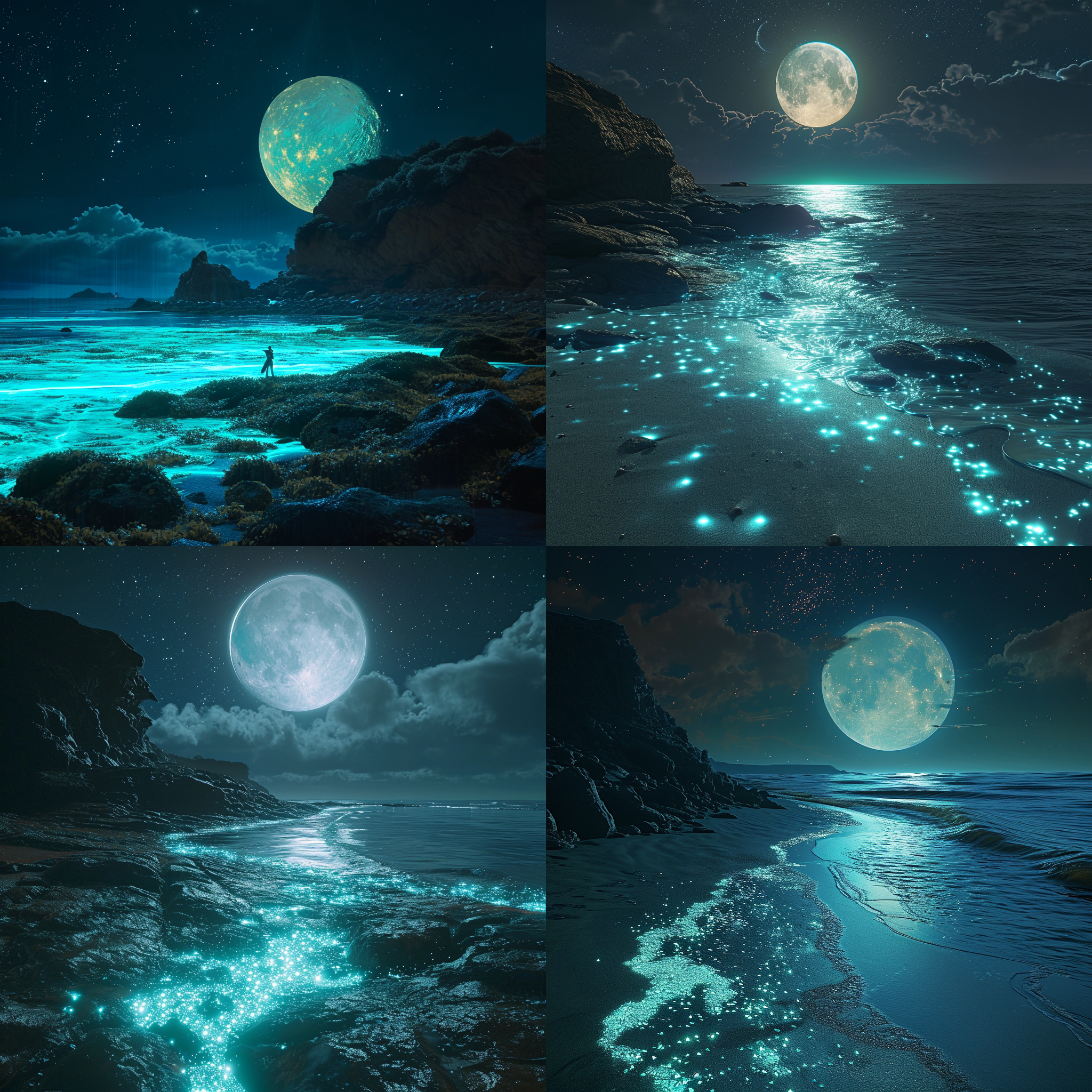 夜空中，海滩上覆盖着蓝绿色的荧光，巨大的月亮，精灵般的光芒，星星、光斑，发光的海洋，闪耀的金色沙滩，带有月光的星空，michael james smith的哑光绘画，反射，cg渲染，体积光，太空艺术，生物发光，虚幻引擎5，光的魔法，虚幻引擎渲染，超广角，高清晰度。