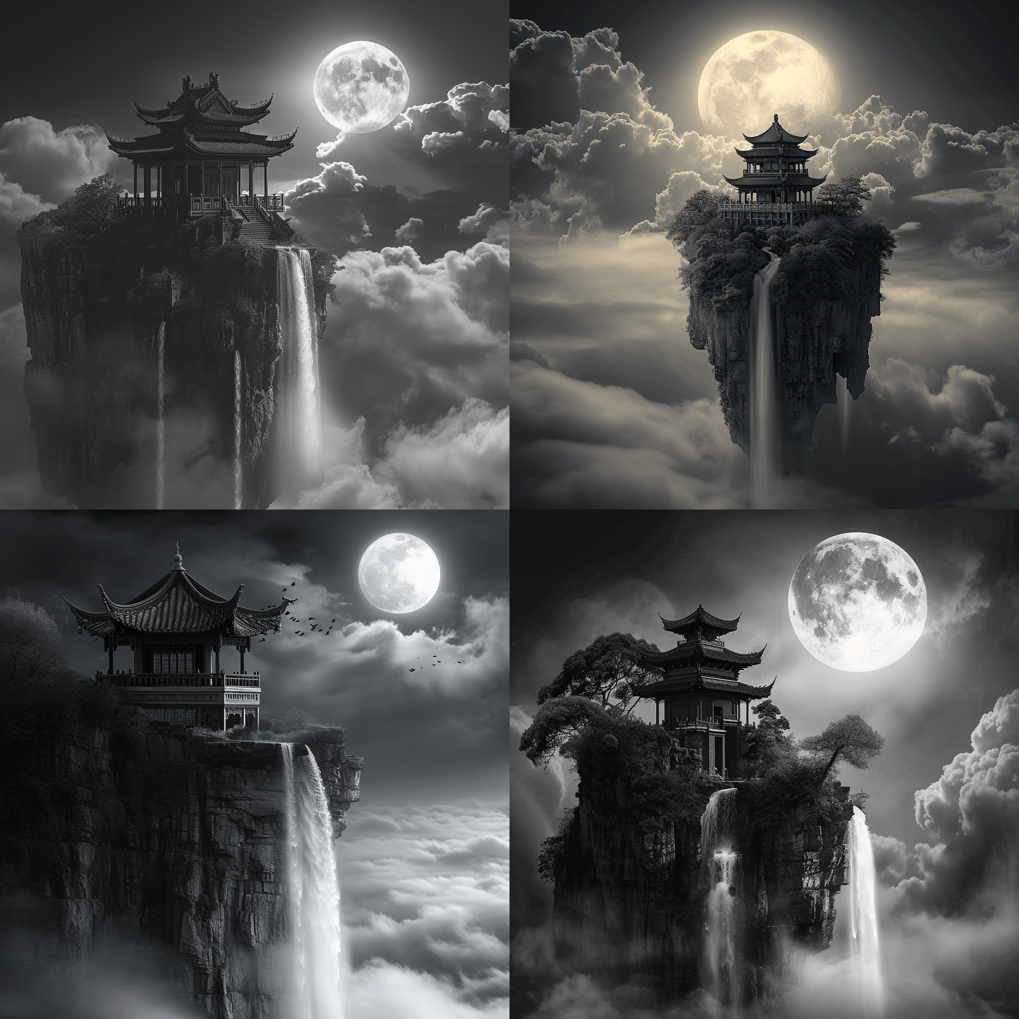 夜空柔和的月光，古老典雅的中式建筑矗立在天空的小岛上，瀑布顺着云雾而下，壮丽的豪威风景，逆光，奇幻，高清晰度，细腻情感表达，黑白摄影风格，明暗对比强烈，高清。