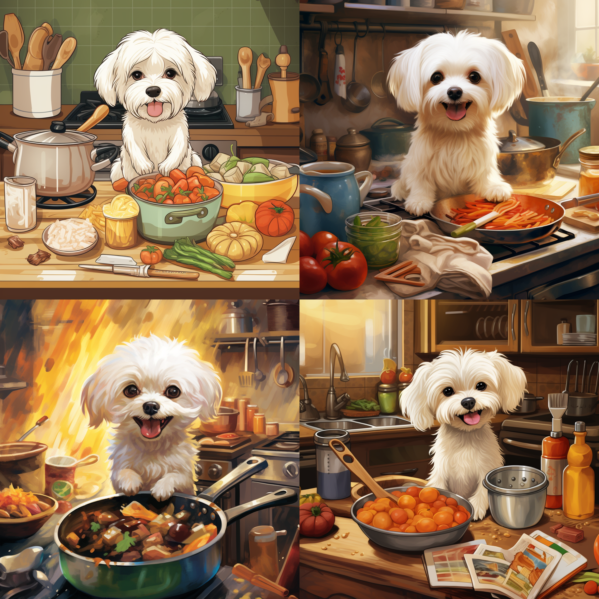 马尔济斯小体犬在厨房做饭，漫画风格，对焦在犬身上，明亮色调，炒菜，开心。