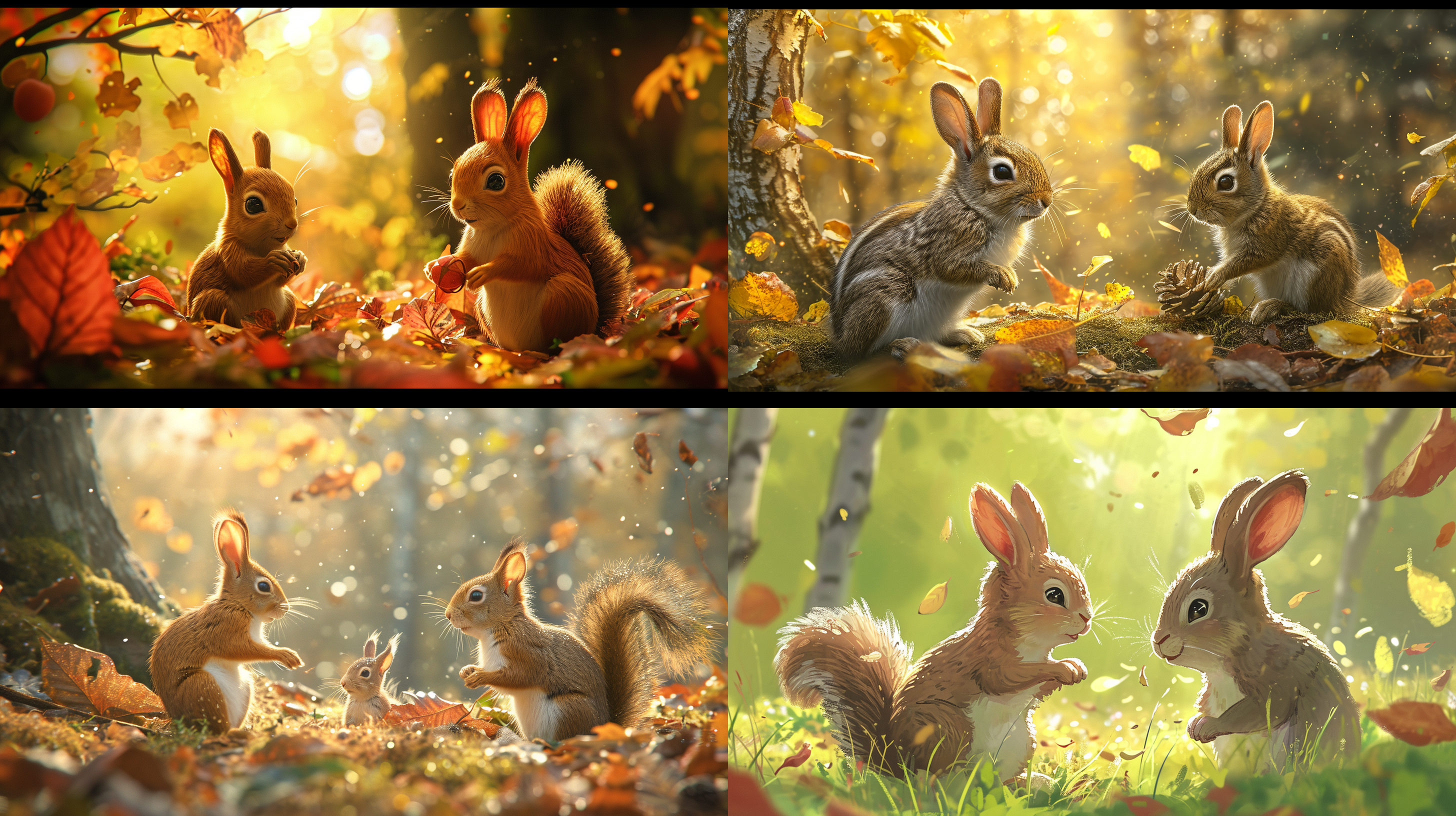 在森林里，小兔子蹦蹦跳跳，遇到小松鼠，儿童绘本，丰富的细节，丰富的色彩，高饱和色彩，电影质感，清晰的画面