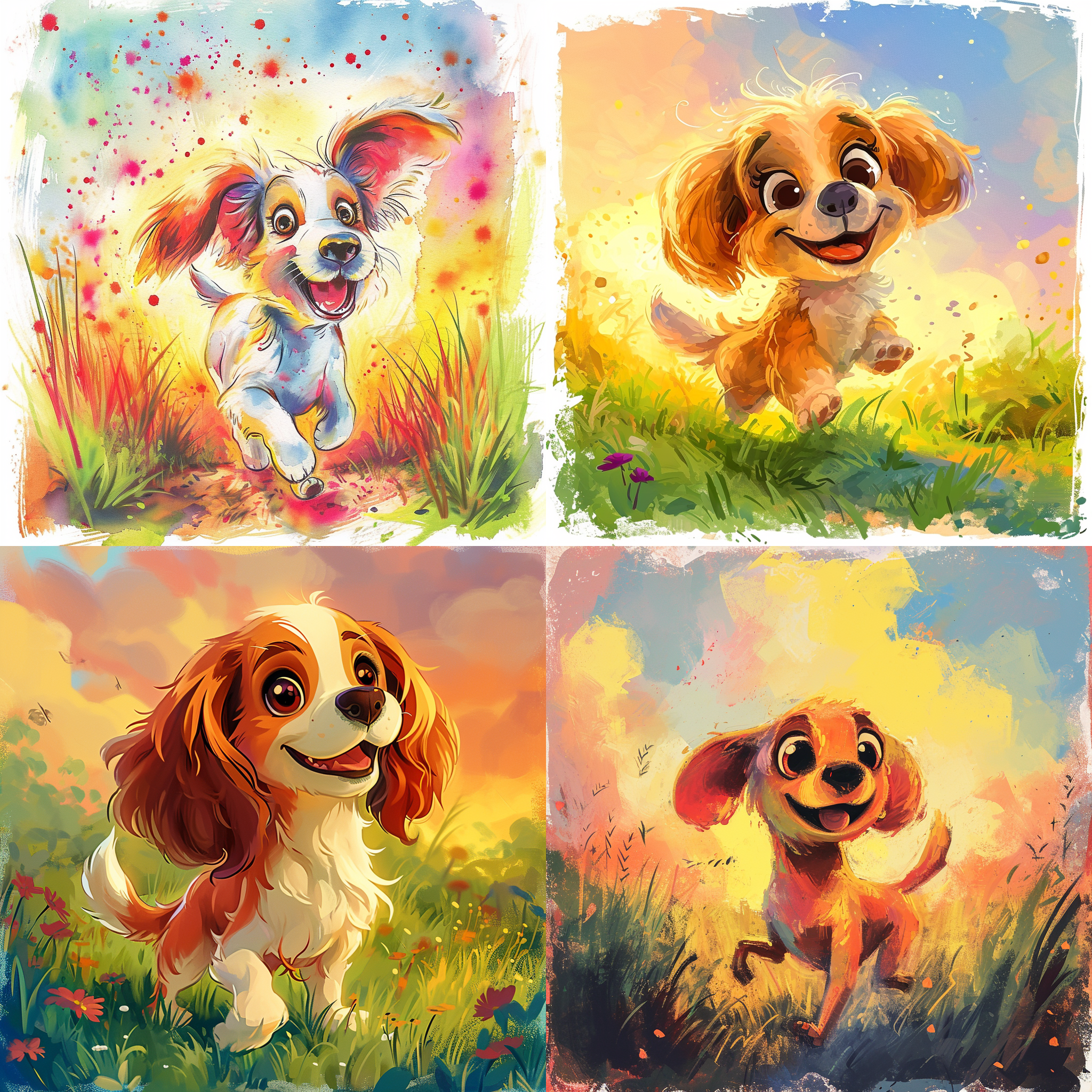 卡通狗，站在花园里，背景是绚丽的夕阳，用水彩风格绘制，充满活力。大眼睛，长耳朵，毛发柔软，身体呈现流线型。表情开心，尾巴高高举起，欢快地奔跑。亮丽的色彩，轻松愉悦的氛围，生动活泼的形象。