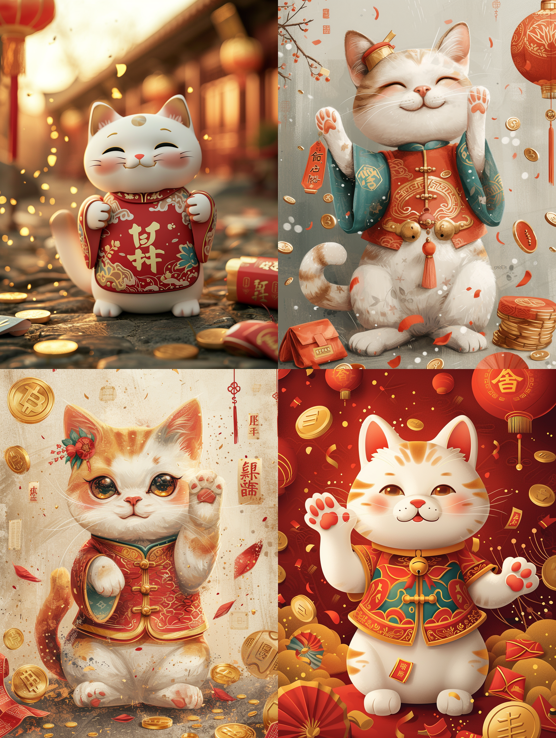 苹果15手机壳设计，平板插画，一只可爱的招财猫，圆圆的眼睛，白色或是金黄色，它的身体呈坐姿，左或右爪高举，仿佛在向人们招手，穿着中国传统服饰，有金色的图案或字样，象征着财富，周围有一些金币，红包或幸运的中国元素 