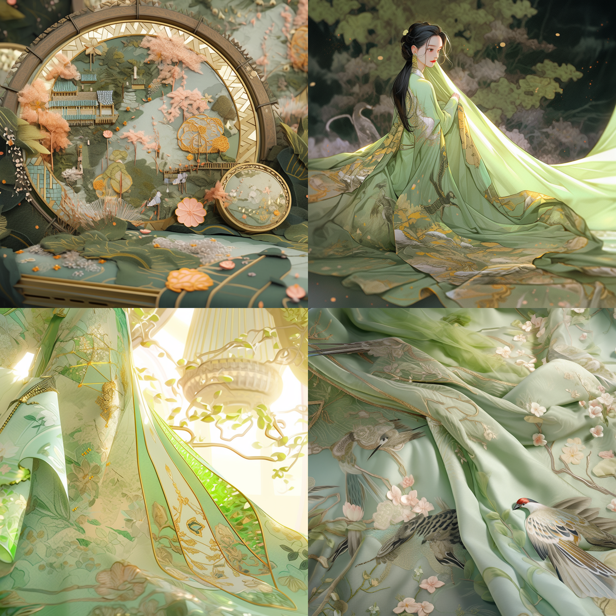中景镜头，刺绣艺术，光线照射下的浅绿色和金色风格，展示了游丝面料的精湛工艺。布景繁复，元素丰富，呈现极繁主义的风格。