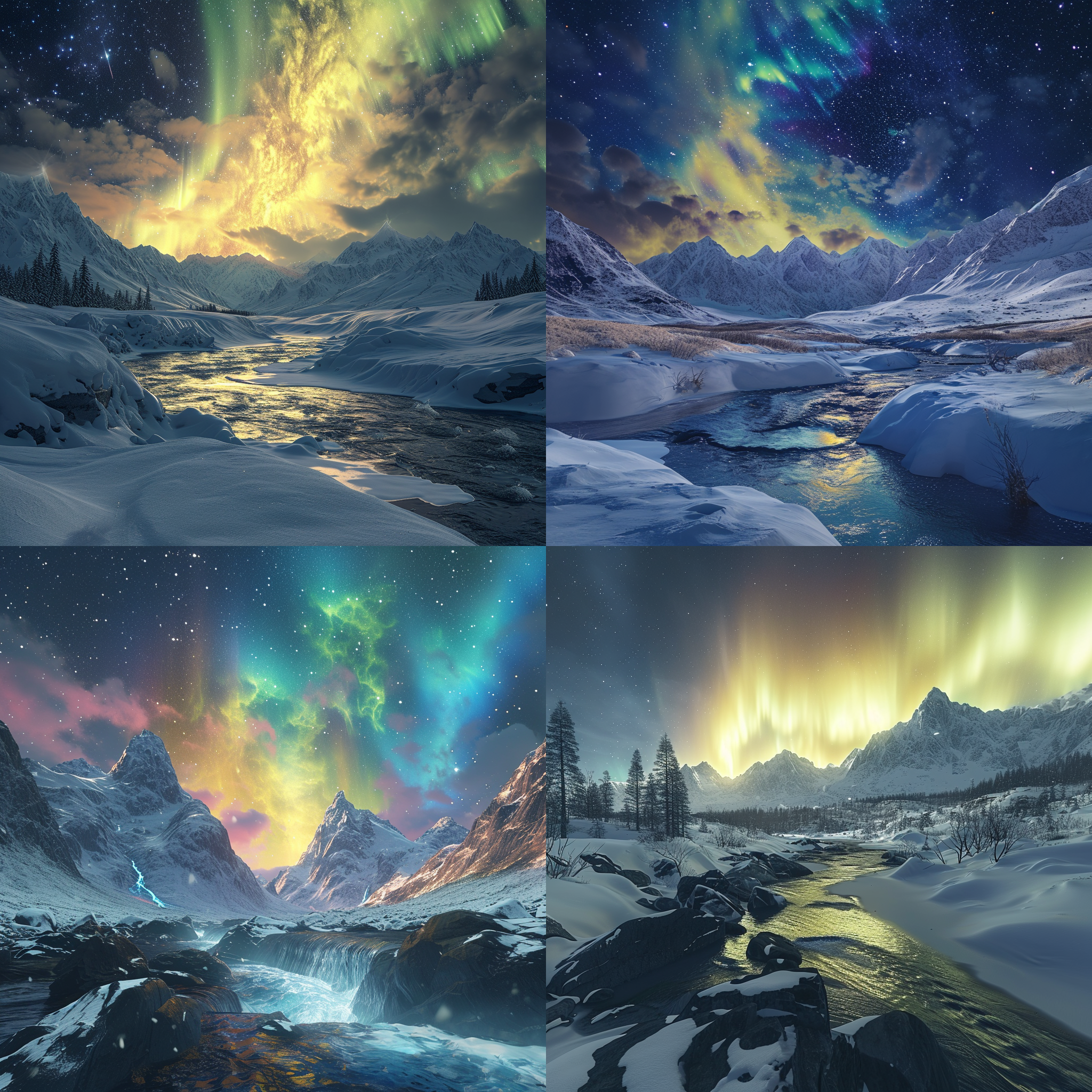 真实的摄影风景画，无与伦比的真实感，黄色极光在白雪中闪耀，雪山、河流、暴风雪交织，夜晚，五彩斑斓的星星闪烁，采用虚幻引擎，4k高清，高动态范围。
