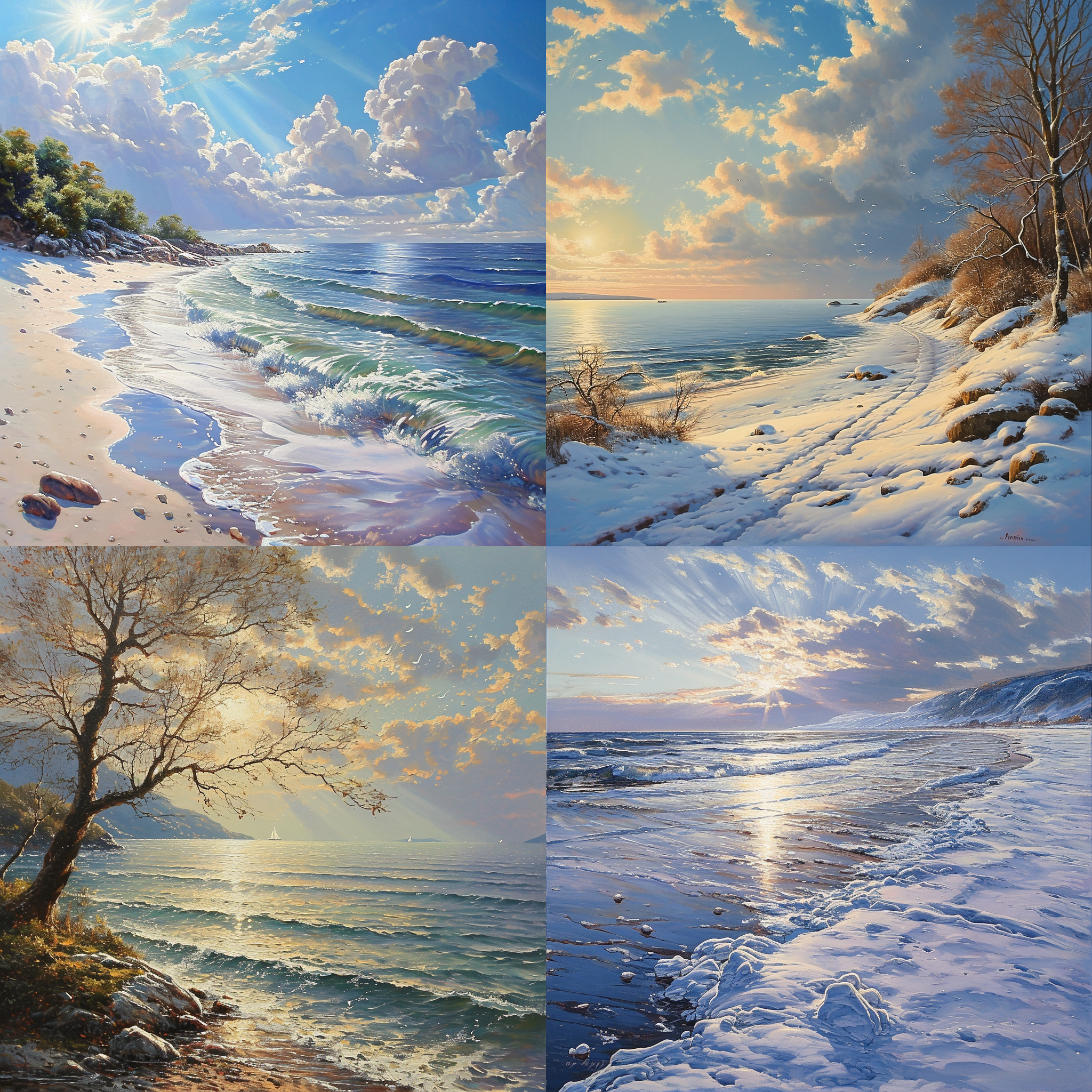 现实主义山水画，广阔视野，海面上，星星点点，冬天阳光，光影效果，丹尼斯萨拉欣风格，艺术站，高清晰度，迷人色彩，宁静，壮丽。