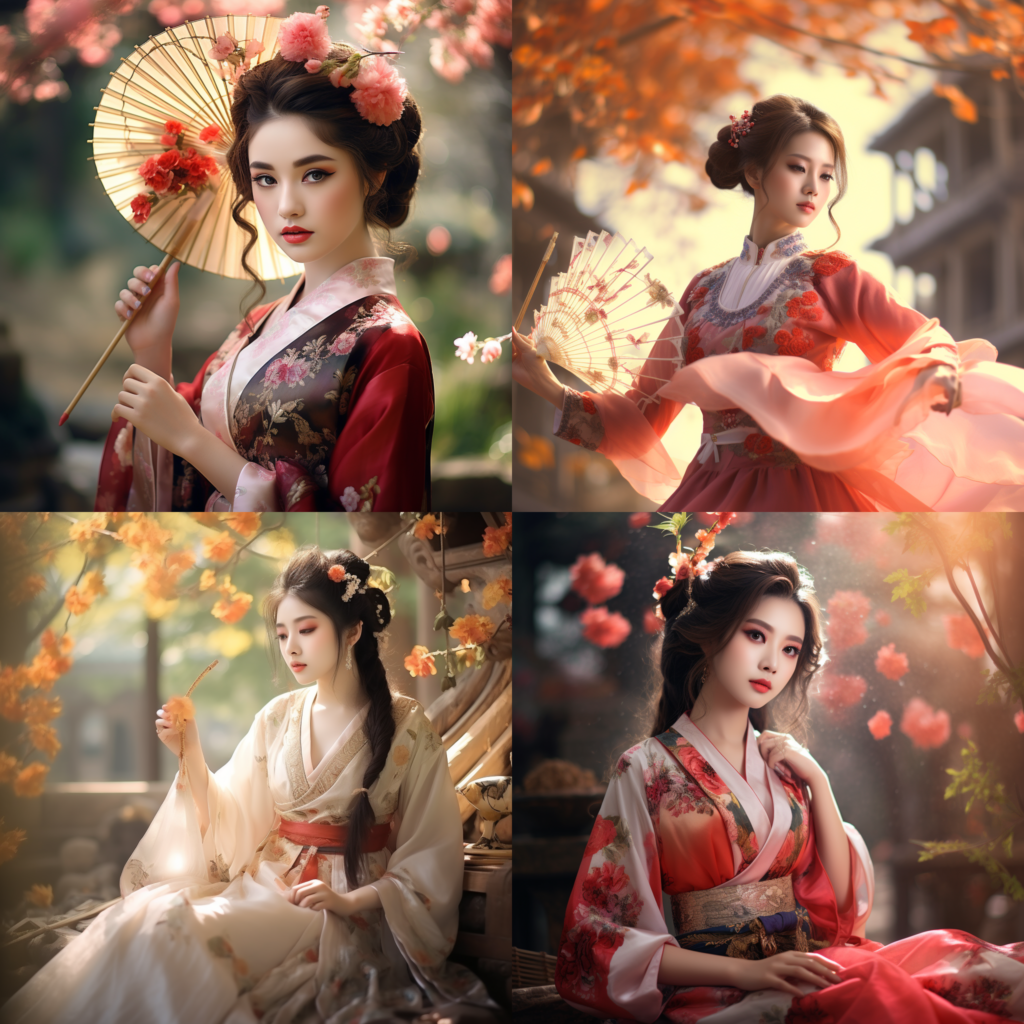 国风少女，古典园林背景，鲜艳色彩，细节丰富，清晰焦点，折扇舞动，柔和侧光，传统服饰，自然表情，优雅氛围，温暖情感。