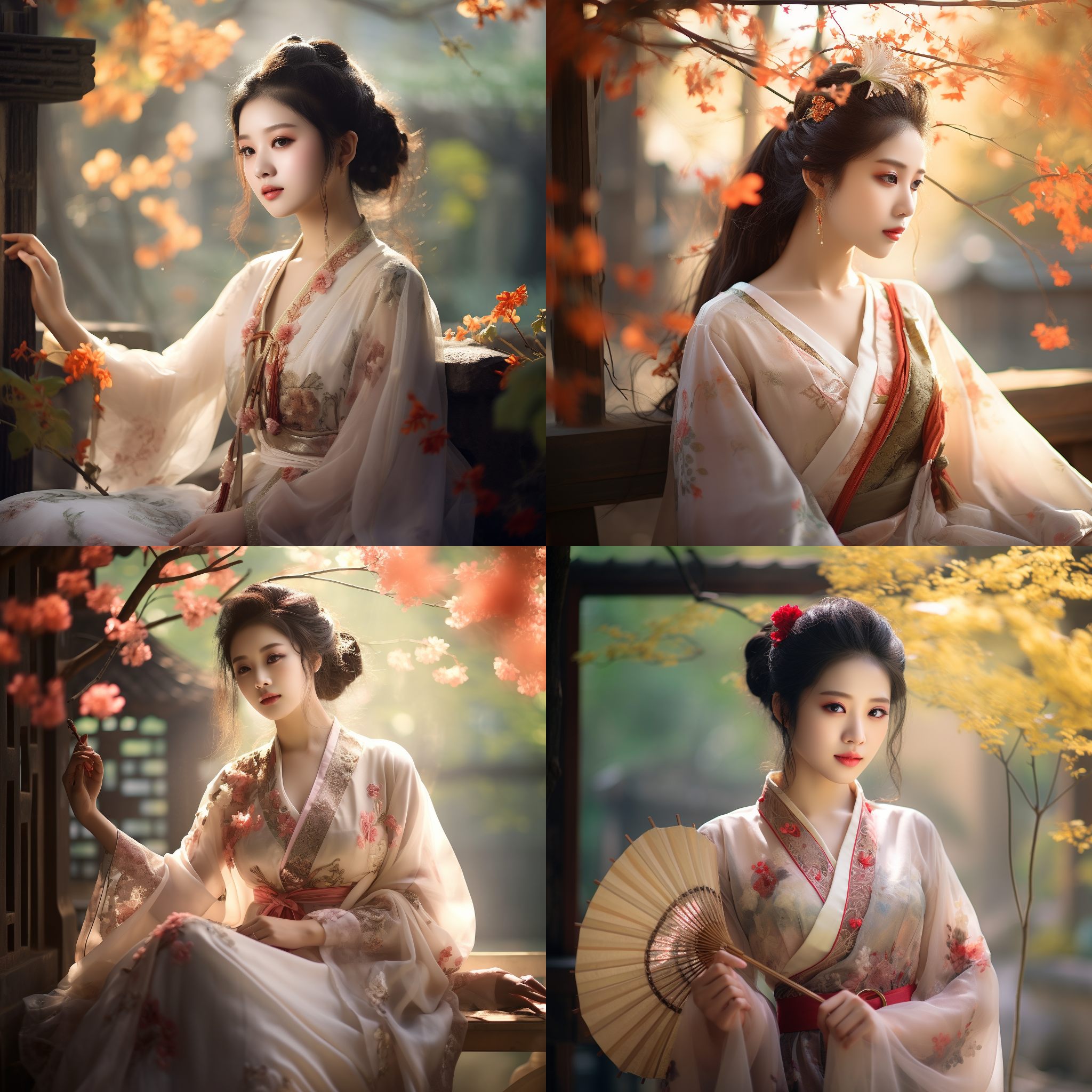 国风少女，古典园林背景，鲜艳色彩，细节丰富，清晰焦点，折扇舞动，柔和侧光，传统服饰，自然表情，优雅氛围，温暖情感。