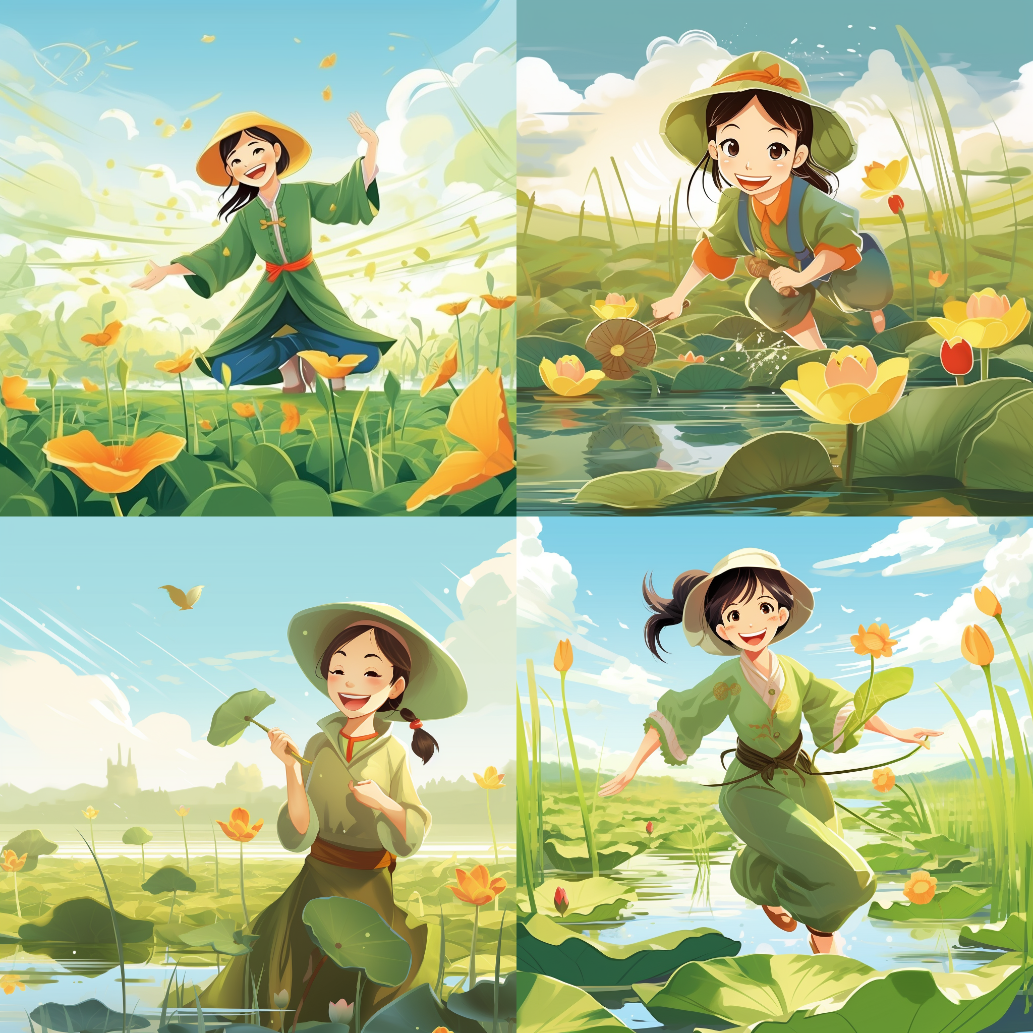 卡通背景，中国成年女性，笑容灿烂，在稻田里面抓青蛙；暖黄和绿色，有荷叶荷花背景，远景，大光圈，长焦镜头，自然光，轻松愉快，欢快。