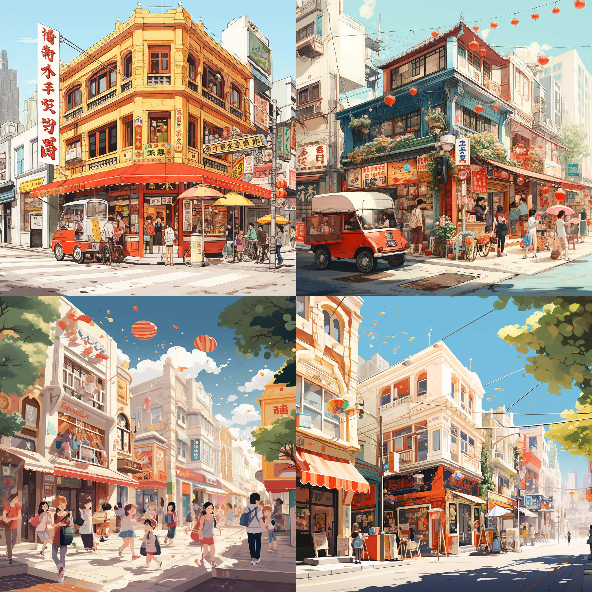 商业街，现代建筑，时尚店面，平面场景，儿童插画，横构图，新海诚风格，卡通手绘人物，轴距镜头，暖色调，欢乐喜庆，热闹，白天。