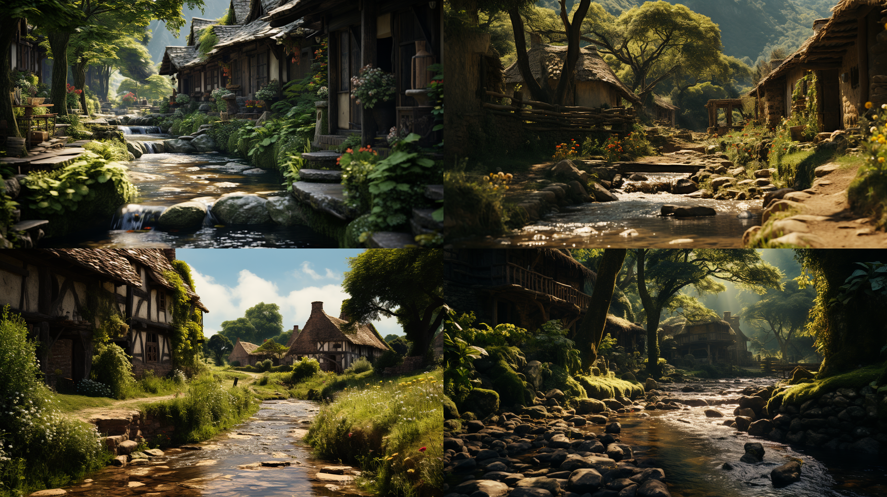 一个场景，世外桃源，有一间泥砖瓦房的小屋，炊烟袅袅，安静闲适，溪水潺潺，细节丰富，画面纯净，自然光柔和温馨，4k，超清
