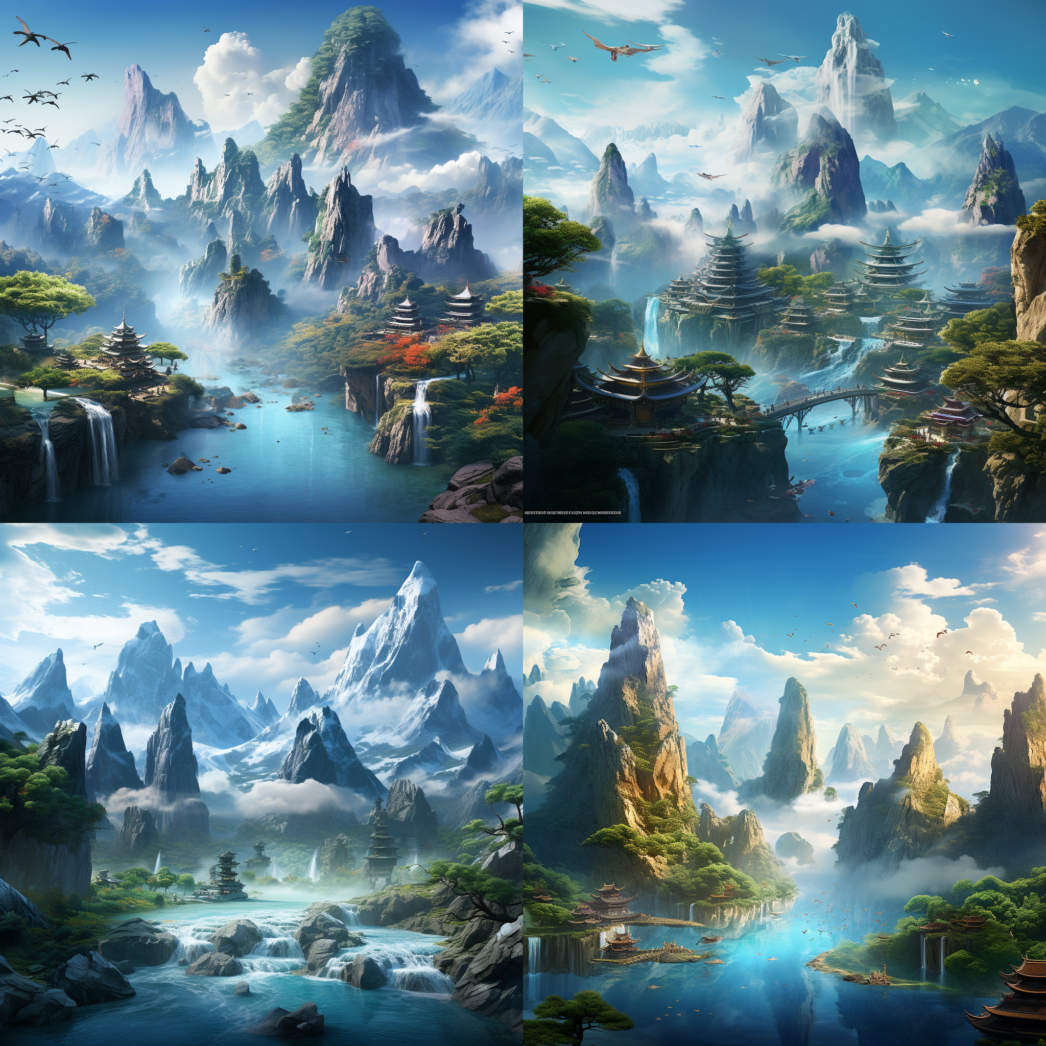 山水之间，中国风格，科技感，幻想，未来。大气磅礴的群山峡谷中，巍峨的山峰耸立，江河蜿蜒流淌，构成了壮丽的中国风景。以未来科技元素为背景，创造出奇幻的氛围，展现出未来世界的无限可能性。高清晰度，明亮色彩，细节丰富，纵深感，给人一种梦幻般的视觉冲击。