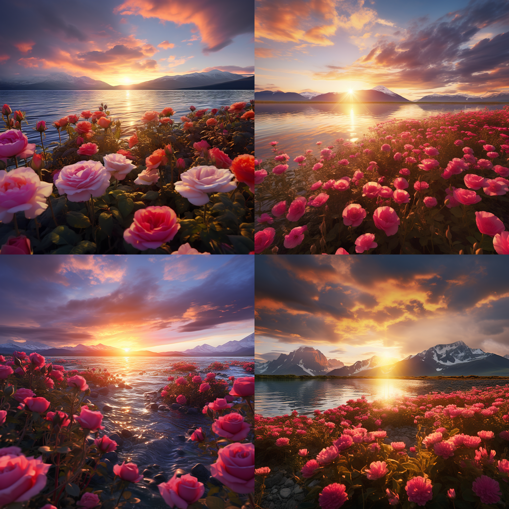 冰岛玫瑰花海，夕阳下的壮丽景色。高清8k分辨率，宽幅构图，大面积的花海和山脉交相辉映，颜色鲜艳。使用广角镜头拍摄，捕捉到迷人的细节。温暖的光线照射下，营造出浪漫而宁静的氛围。